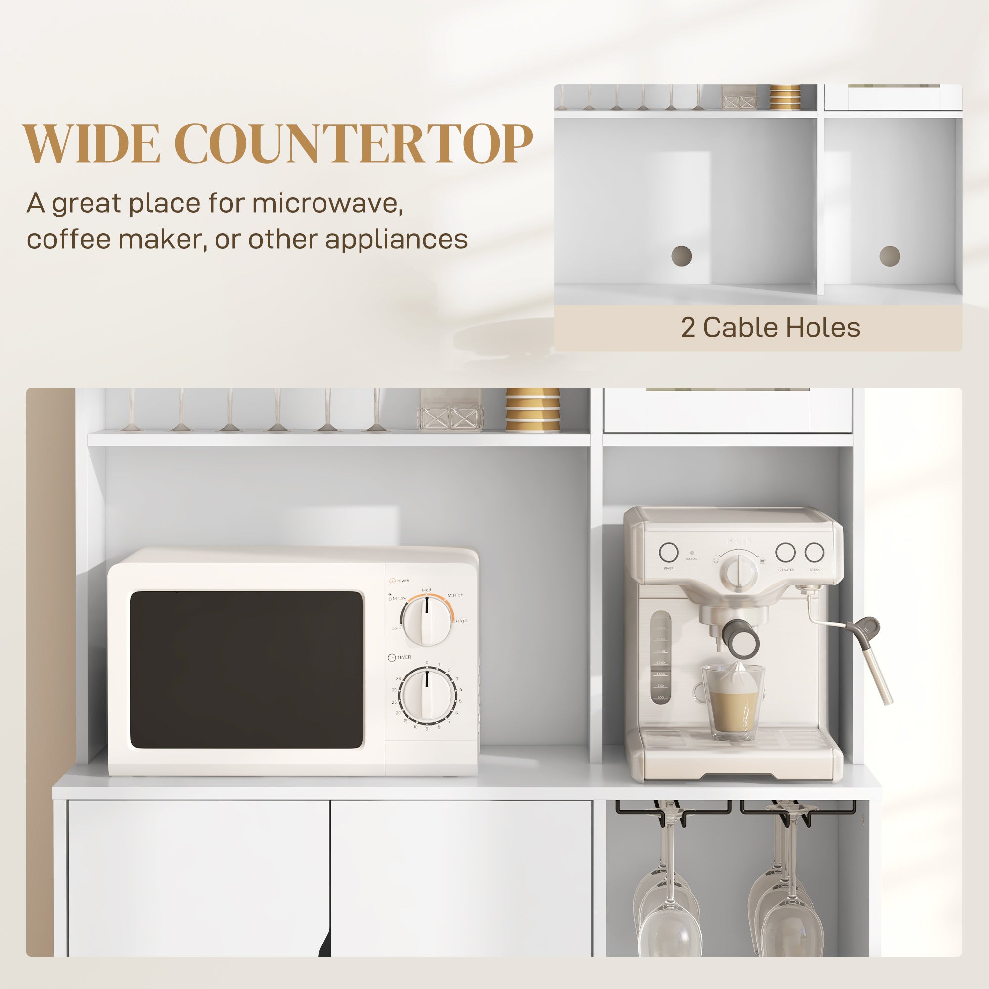 HOMCOM Kitchen Hutch with Wine Storage, Buffet with Hutch, Microwave Countertop, Drawer, Adjustable Shelf, Tempered Glass Doors, Coffee Bar Cabinet, White
