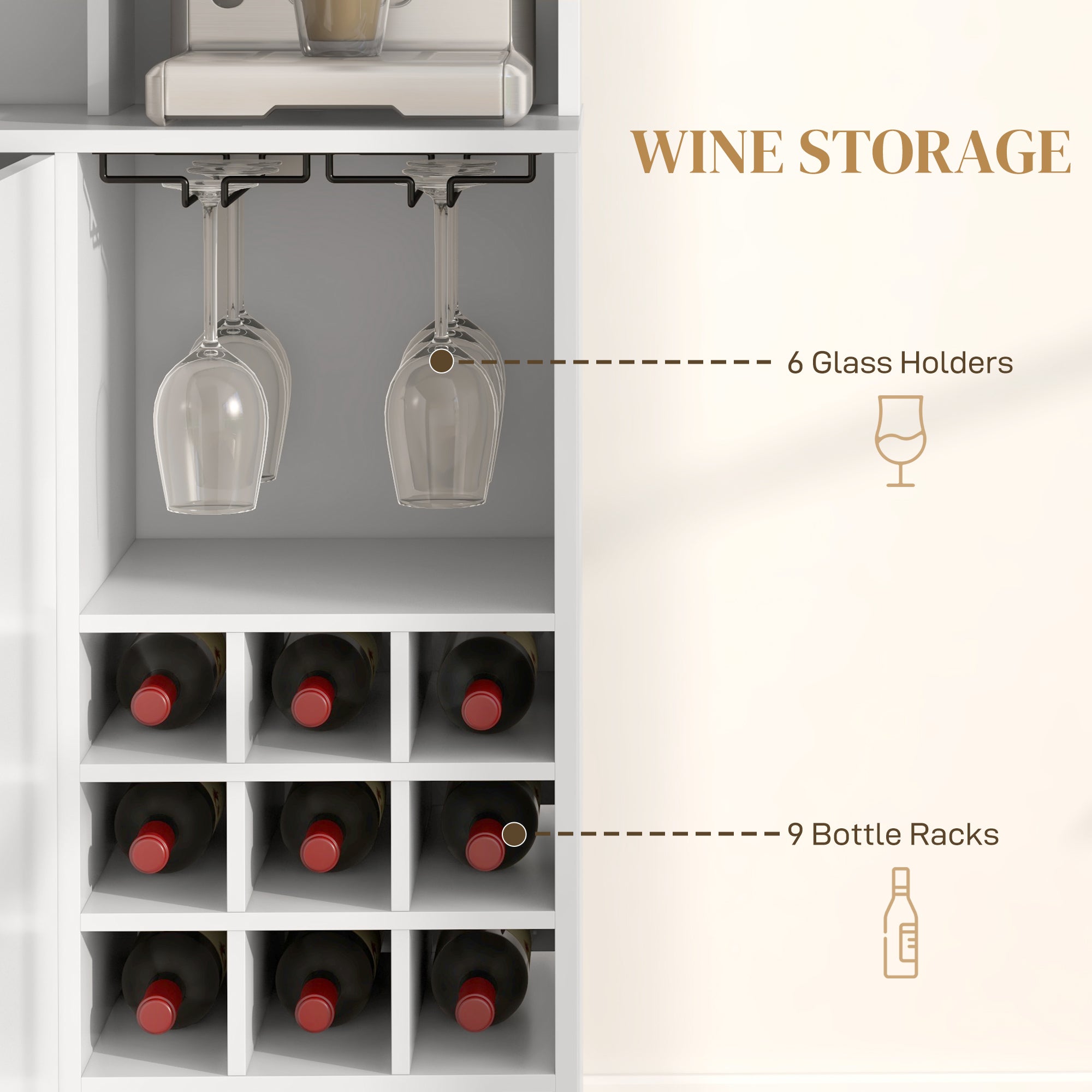 HOMCOM Kitchen Hutch with Wine Storage, Buffet with Hutch, Microwave Countertop, Drawer, Adjustable Shelf, Tempered Glass Doors, Coffee Bar Cabinet, White