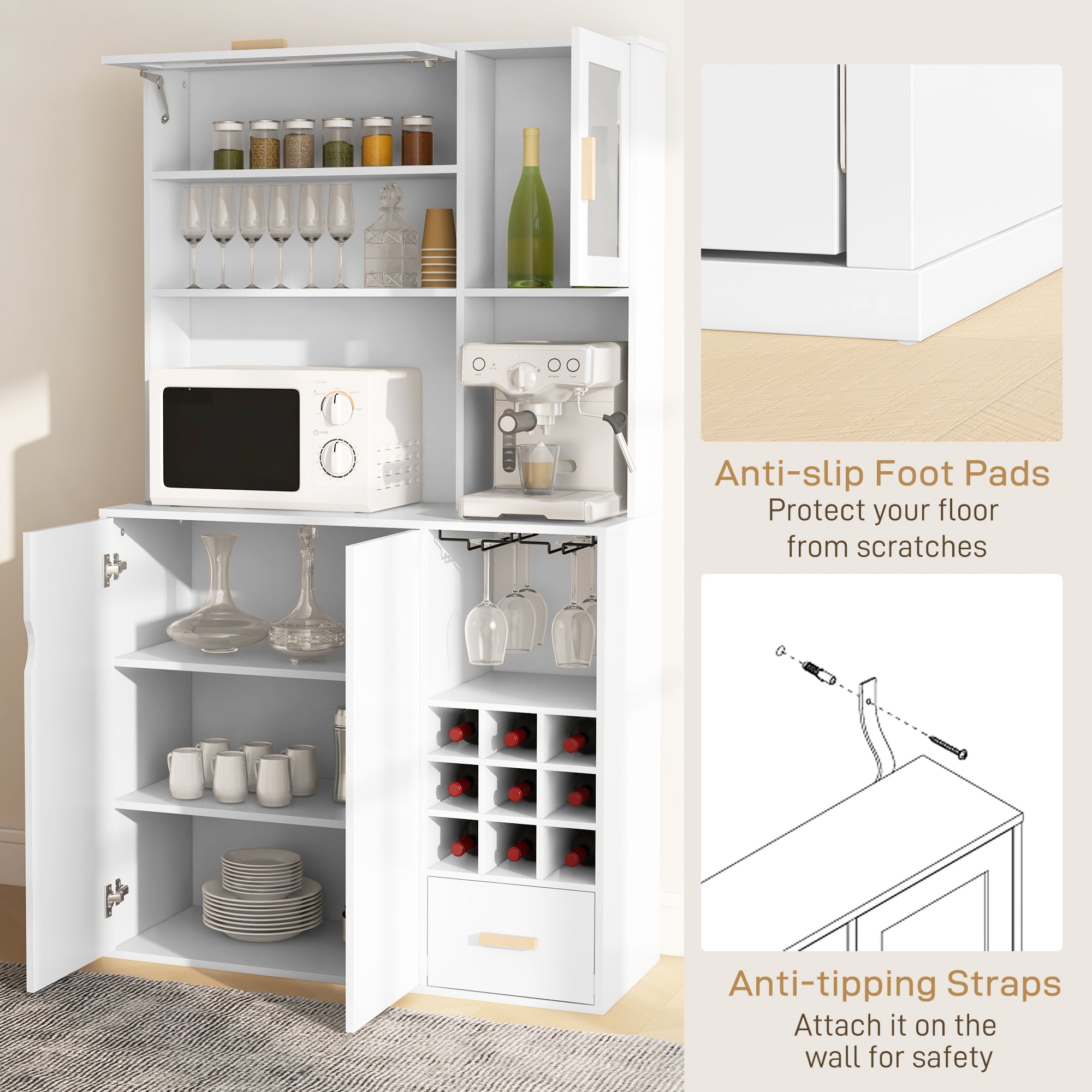 HOMCOM Kitchen Hutch with Wine Storage, Buffet with Hutch, Microwave Countertop, Drawer, Adjustable Shelf, Tempered Glass Doors, Coffee Bar Cabinet, White