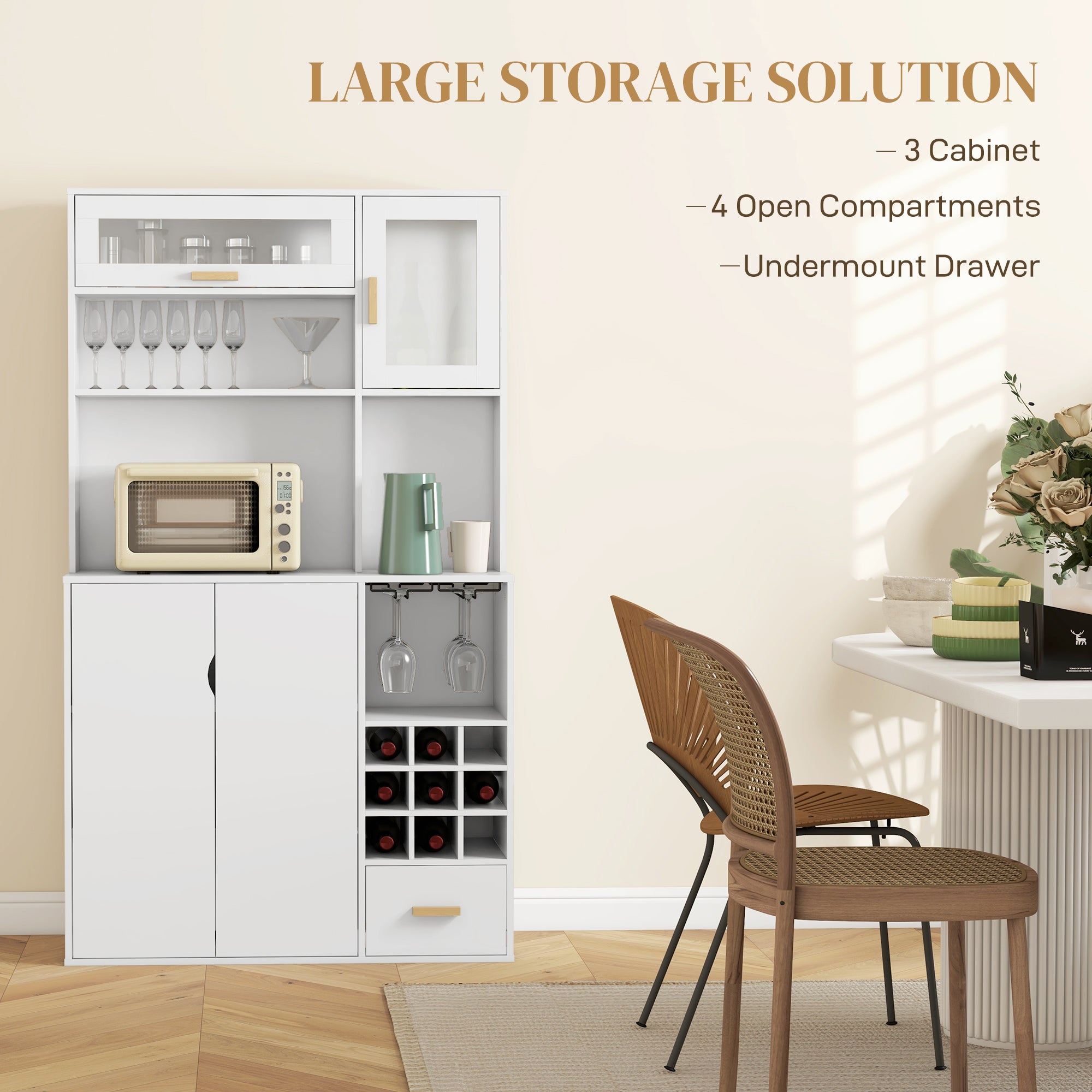HOMCOM Kitchen Hutch with Wine Storage, Buffet with Hutch, Microwave Countertop, Drawer, Adjustable Shelf, Tempered Glass Doors, Coffee Bar Cabinet, White