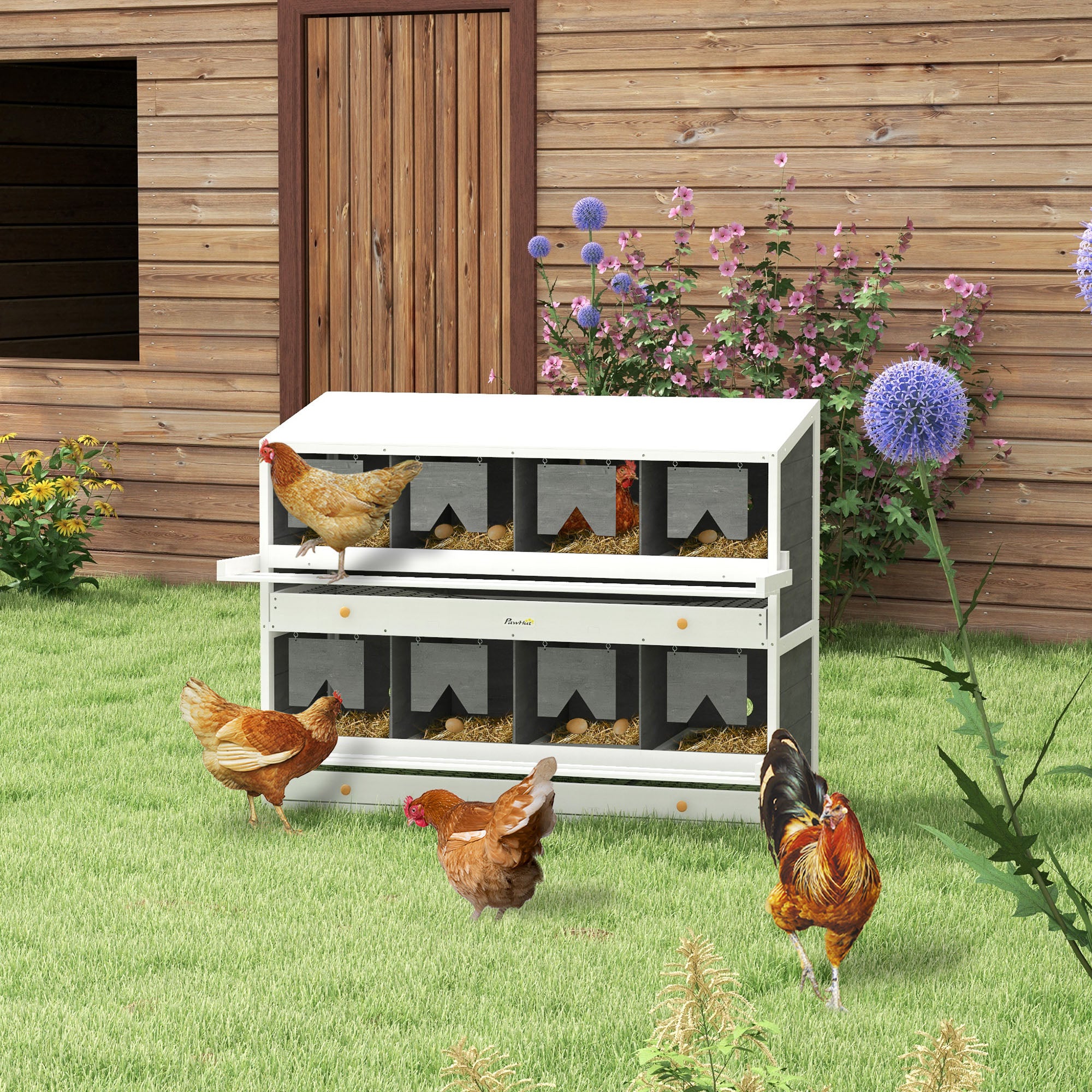 PawHut Nesting Boxes for Chickens, 8 Compartments Wood Roll Out Laying Nest Box for Chicken Coop with 2 Egg Collection Trays, 4 Perches, for 16 - 32 Hens, Gray