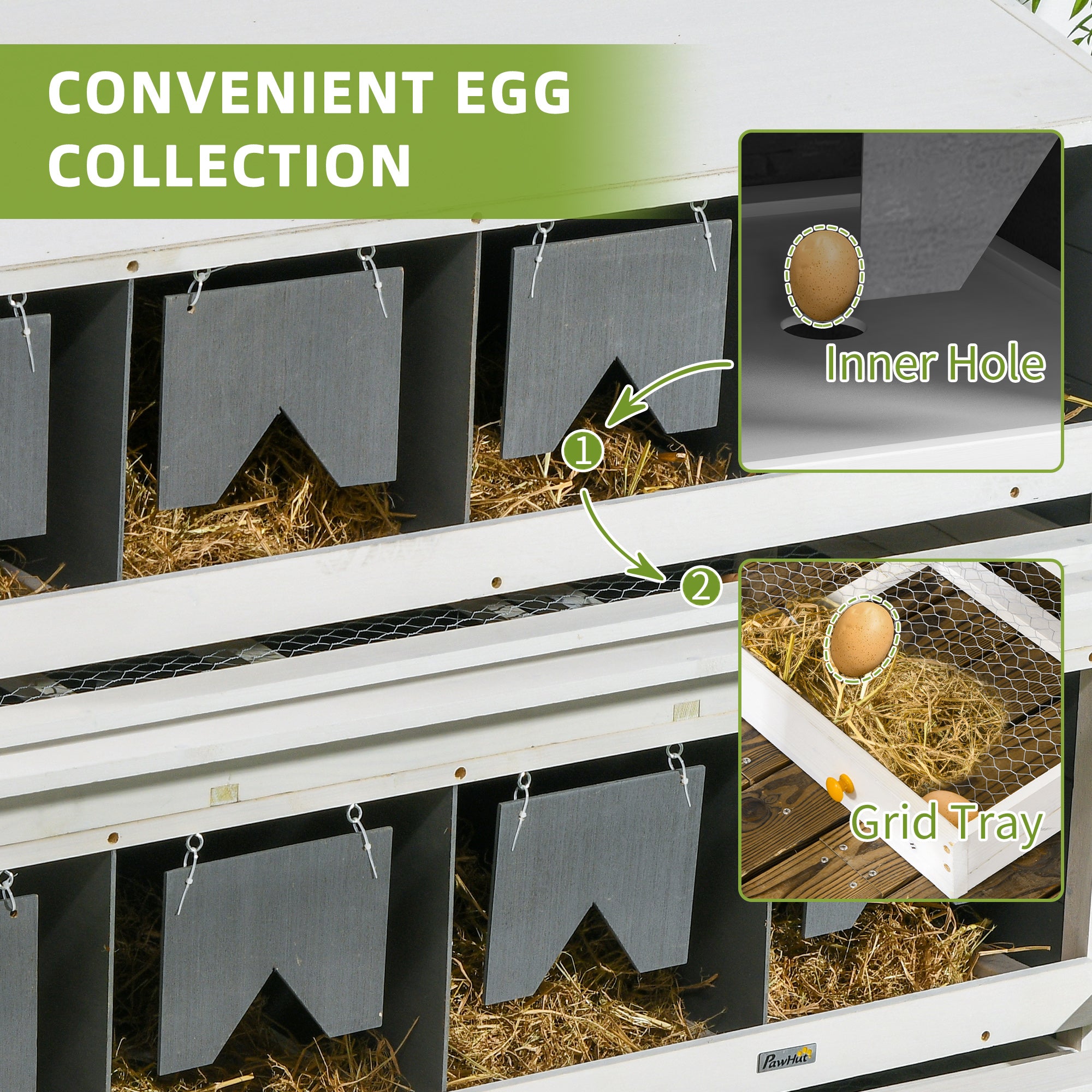 PawHut Nesting Boxes for Chickens, 8 Compartments Wood Roll Out Laying Nest Box for Chicken Coop with 2 Egg Collection Trays, 4 Perches, for 16 - 32 Hens, Gray