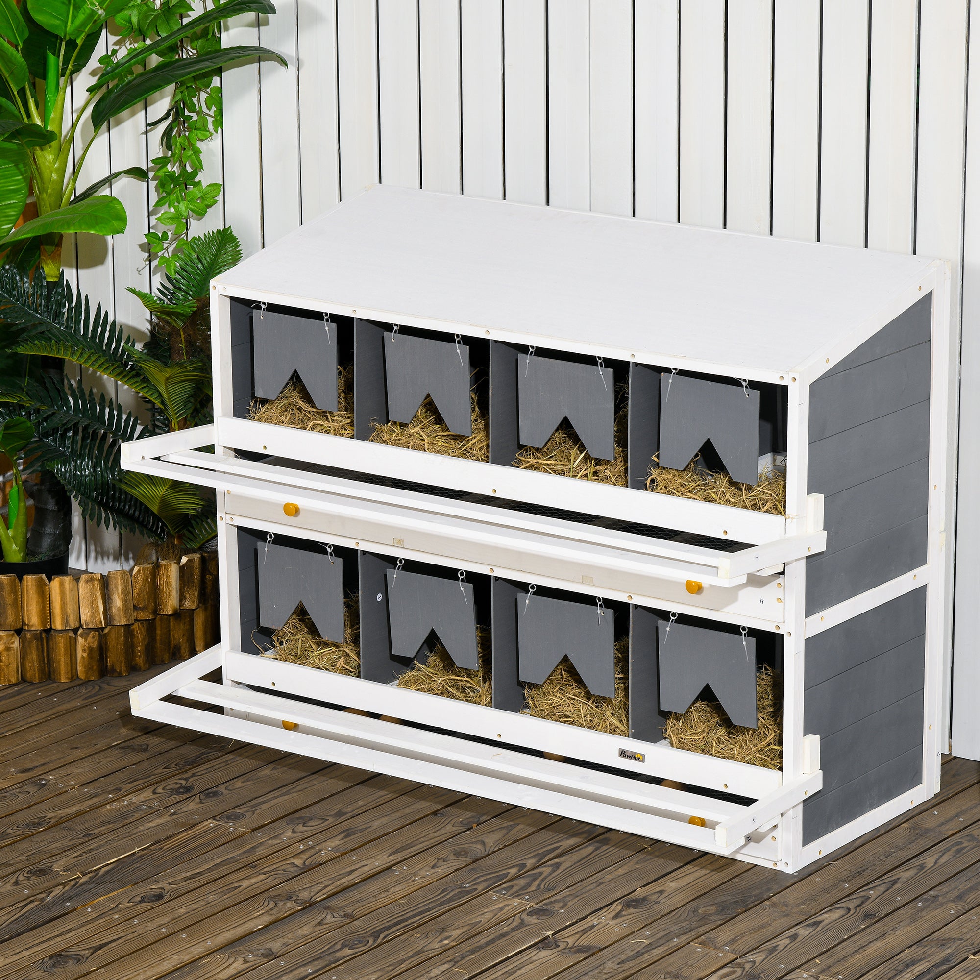 PawHut Nesting Boxes for Chickens, 8 Compartments Wood Roll Out Laying Nest Box for Chicken Coop with 2 Egg Collection Trays, 4 Perches, for 16 - 32 Hens, Gray