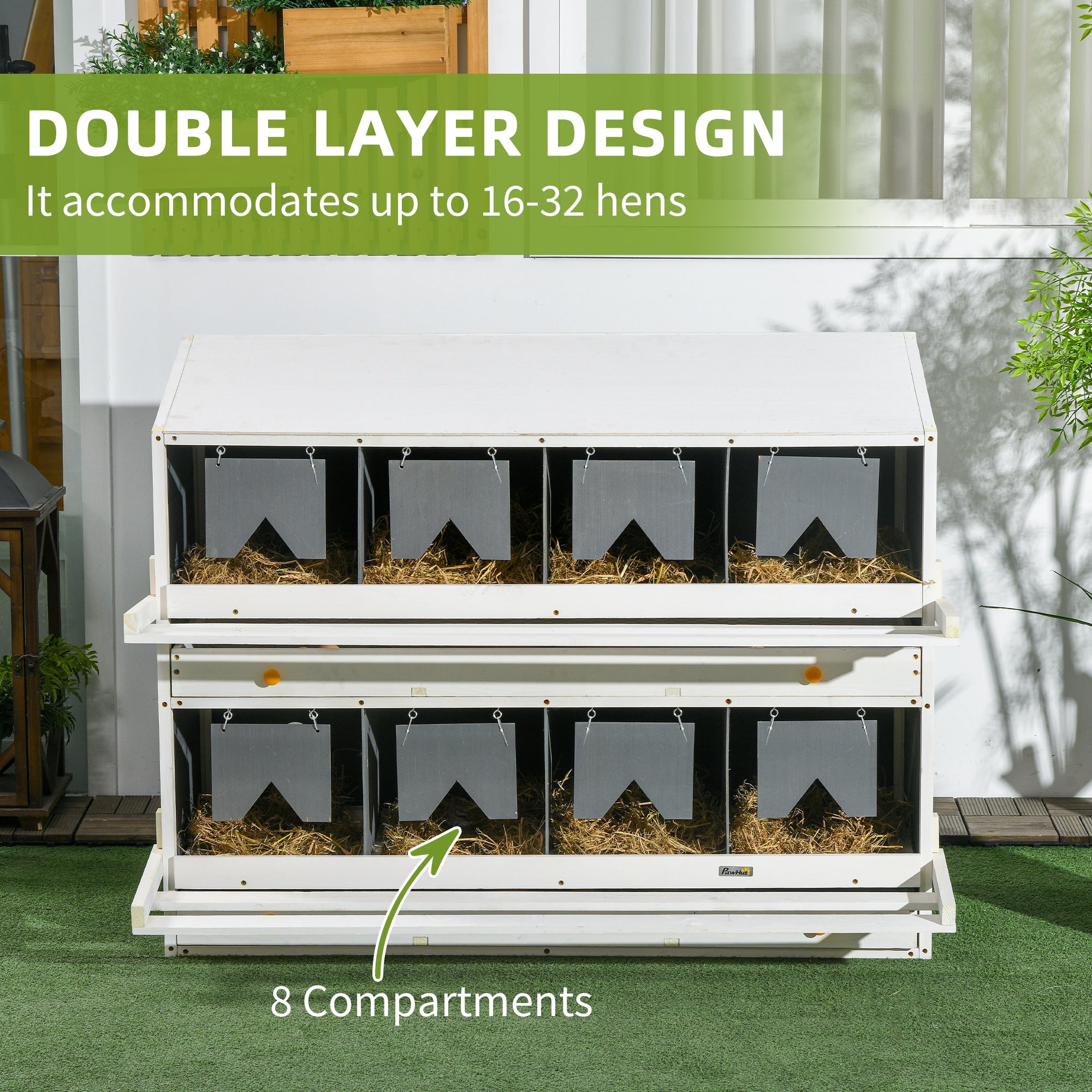 PawHut Nesting Boxes for Chickens, 8 Compartments Wood Roll Out Laying Nest Box for Chicken Coop with 2 Egg Collection Trays, 4 Perches, for 16 - 32 Hens, Gray