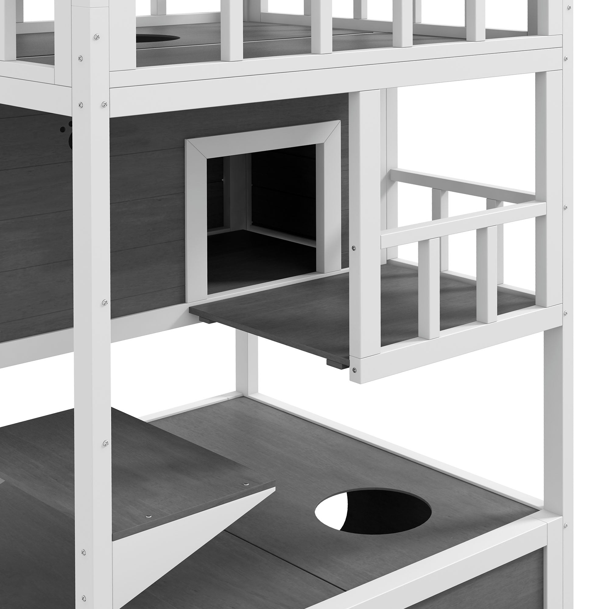 PawHut Wooden Outdoor Cat House, Feral Cat Shelter Kitten Condo with Asphalt Roof, Escape Doors, Condo, Jumping Platform, Light Gray