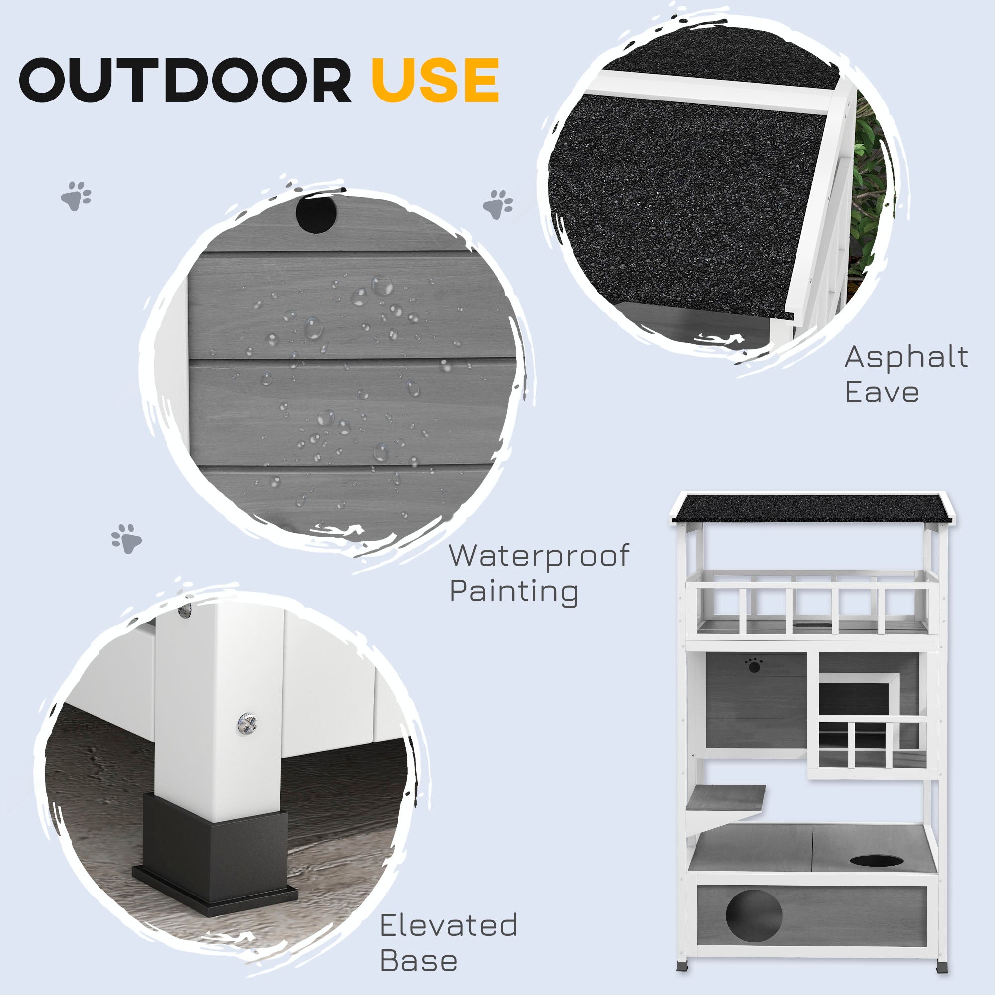 PawHut Wooden Outdoor Cat House, Feral Cat Shelter Kitten Condo with Asphalt Roof, Escape Doors, Condo, Jumping Platform, Light Gray