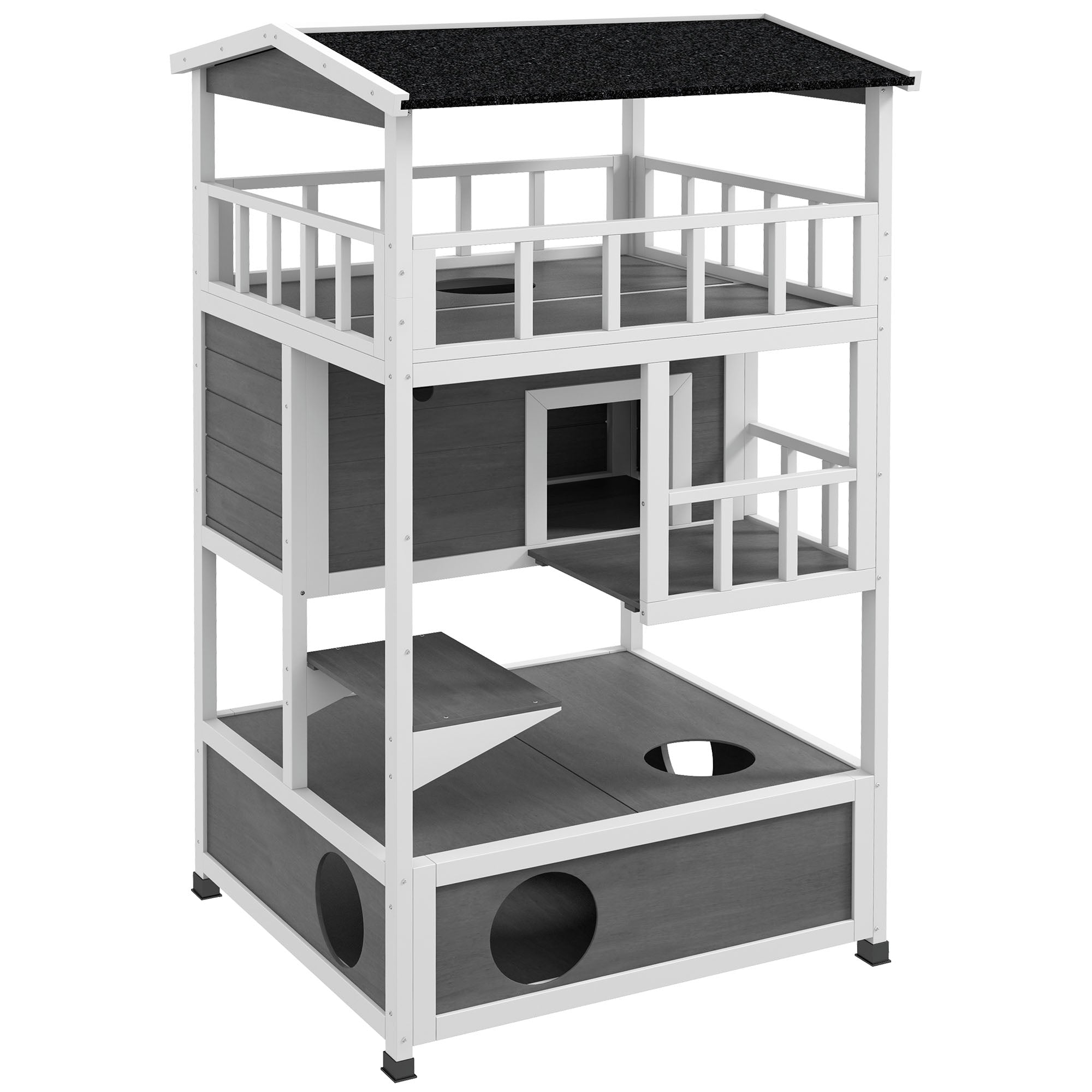 PawHut Wooden Outdoor Cat House, Feral Cat Shelter Kitten Condo with Asphalt Roof, Escape Doors, Condo, Jumping Platform, Light Gray