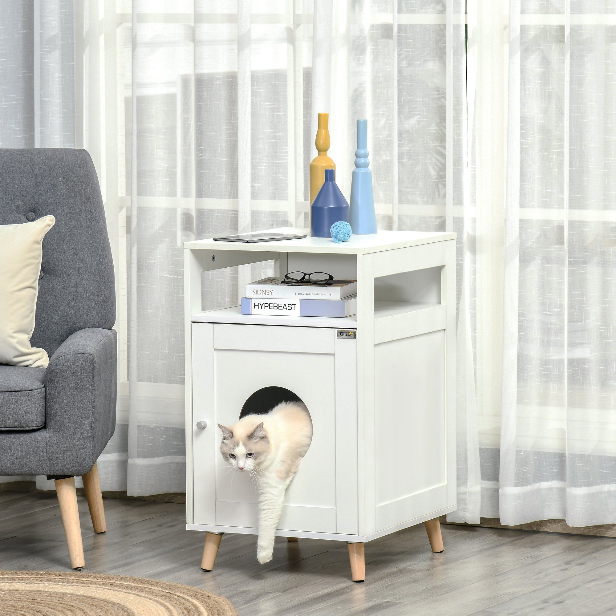 PawHut Cat Litter Box Enclosure Washroom Cave House Decorative End Table Wooden Cabinet Indoor with Magnetic Door Multiple Storage Space White