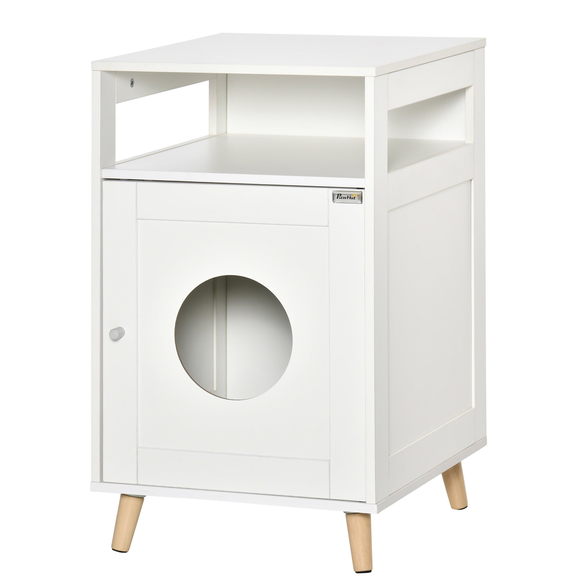 PawHut Cat Litter Box Enclosure Washroom Cave House Decorative End Table Wooden Cabinet Indoor with Magnetic Door Multiple Storage Space White