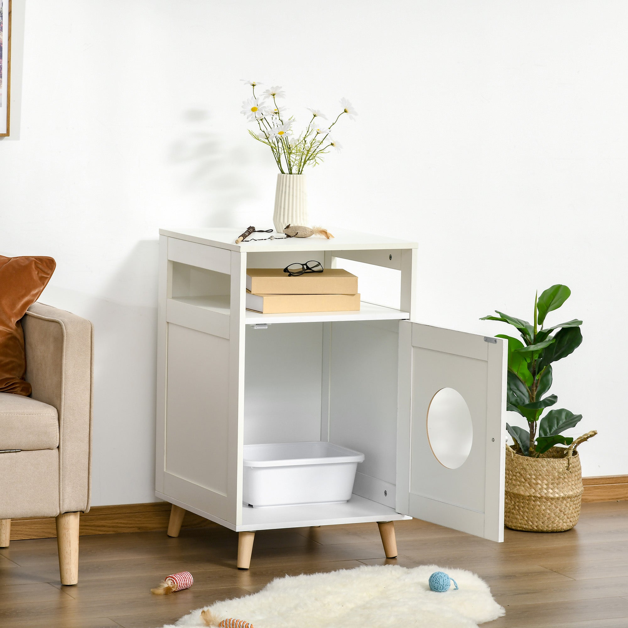 PawHut Cat Litter Box Enclosure Washroom Cave House Decorative End Table Wooden Cabinet Indoor with Magnetic Door Multiple Storage Space White