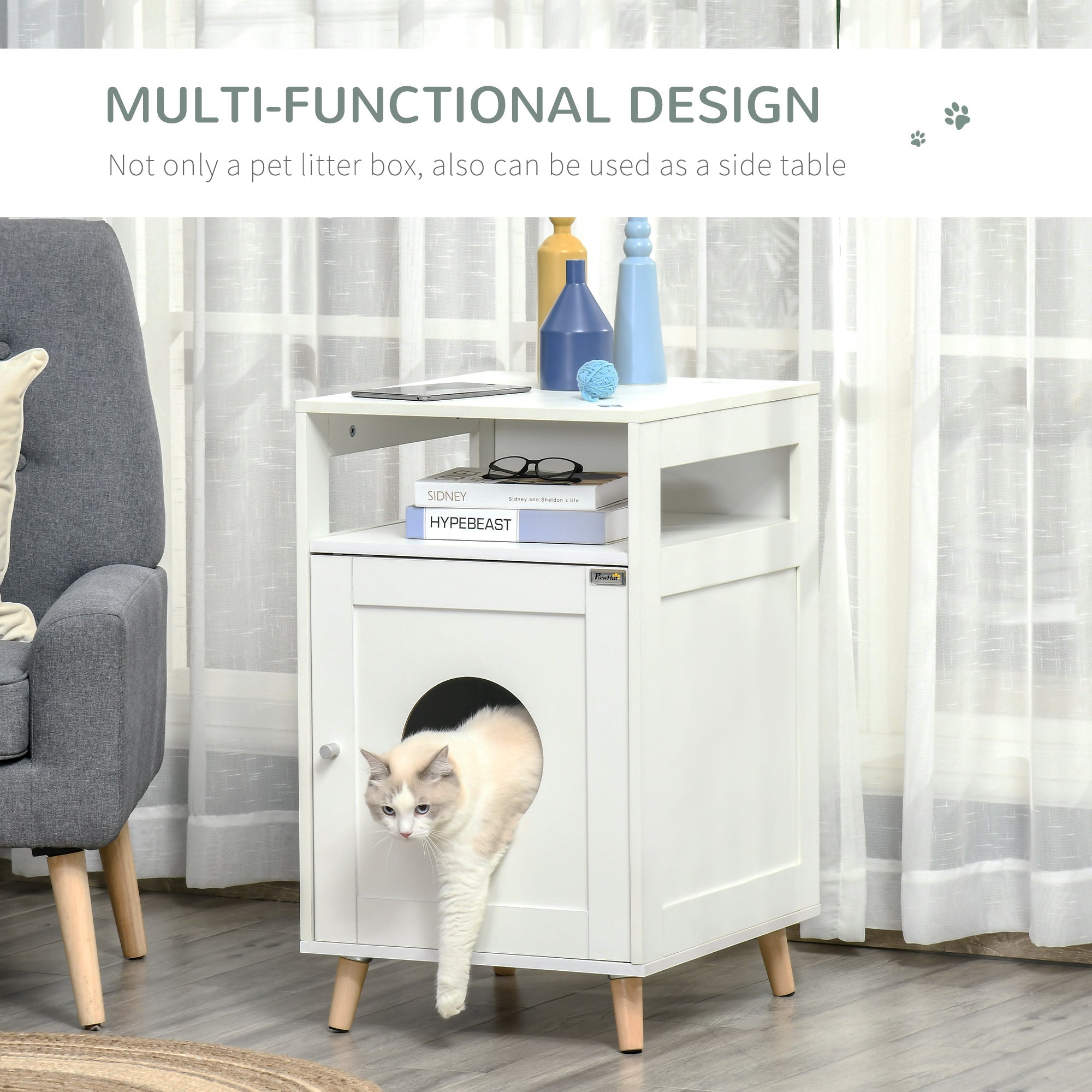 PawHut Cat Litter Box Enclosure Washroom Cave House Decorative End Table Wooden Cabinet Indoor with Magnetic Door Multiple Storage Space White