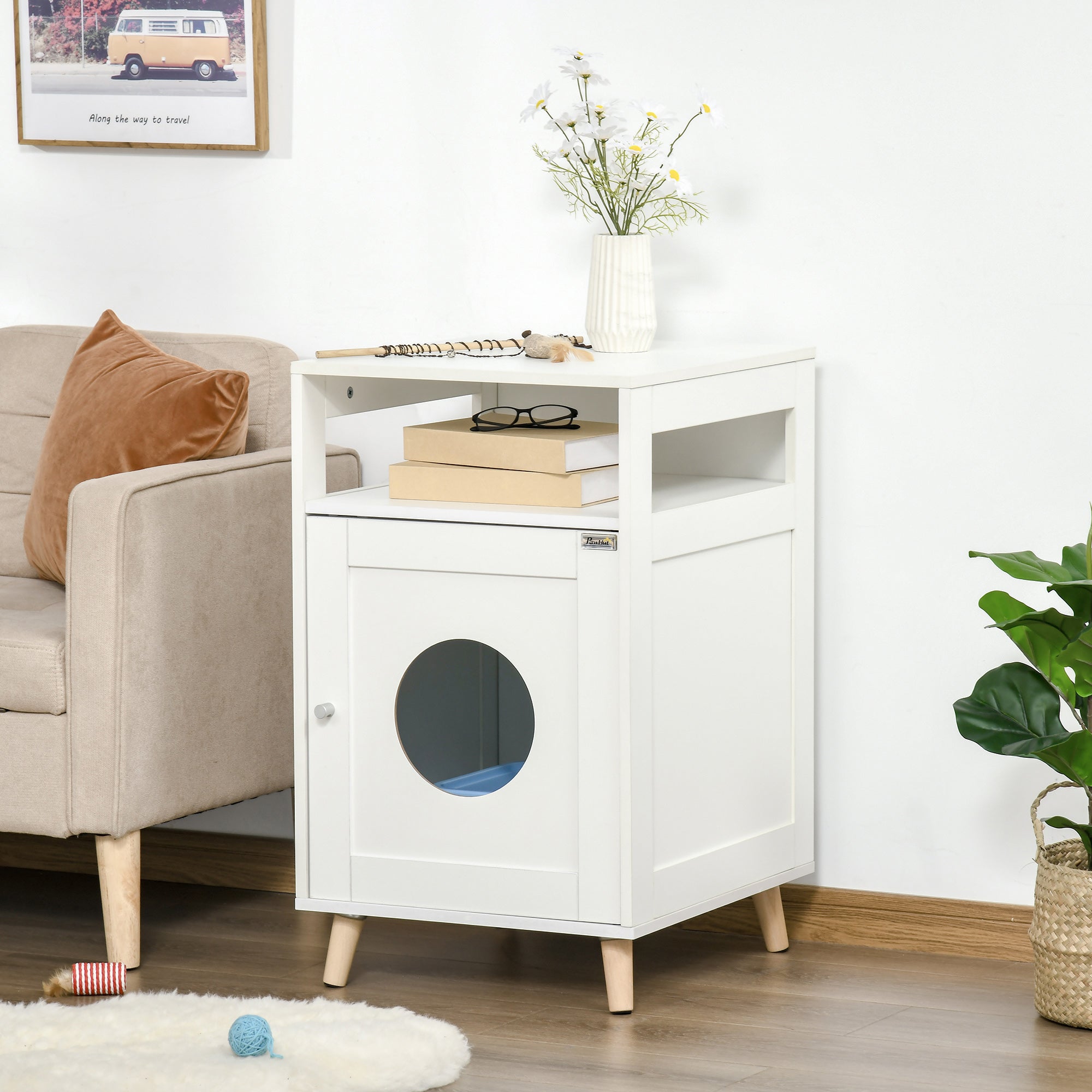 PawHut Cat Litter Box Enclosure Washroom Cave House Decorative End Table Wooden Cabinet Indoor with Magnetic Door Multiple Storage Space White
