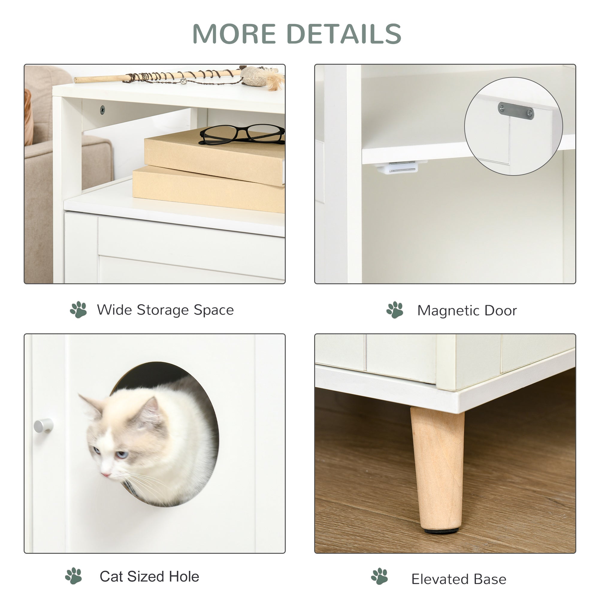 PawHut Cat Litter Box Enclosure Washroom Cave House Decorative End Table Wooden Cabinet Indoor with Magnetic Door Multiple Storage Space White