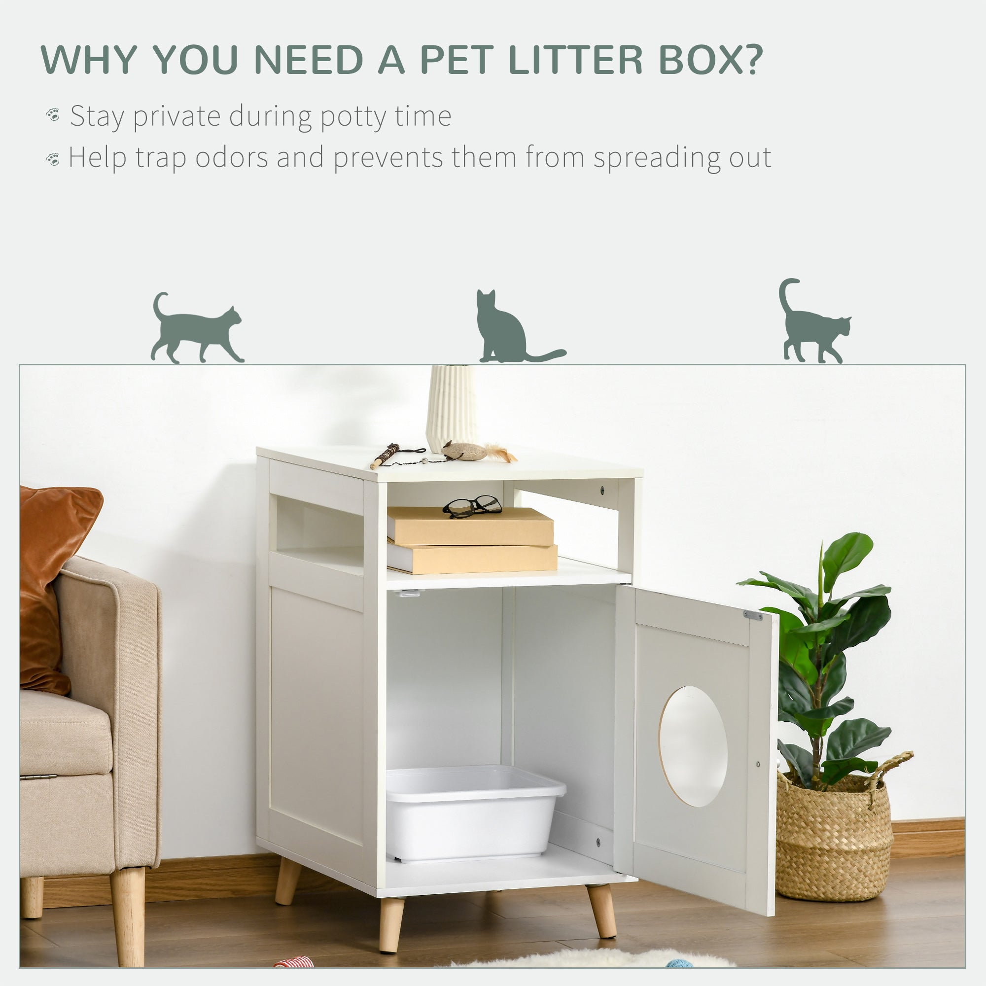 PawHut Cat Litter Box Enclosure Washroom Cave House Decorative End Table Wooden Cabinet Indoor with Magnetic Door Multiple Storage Space White