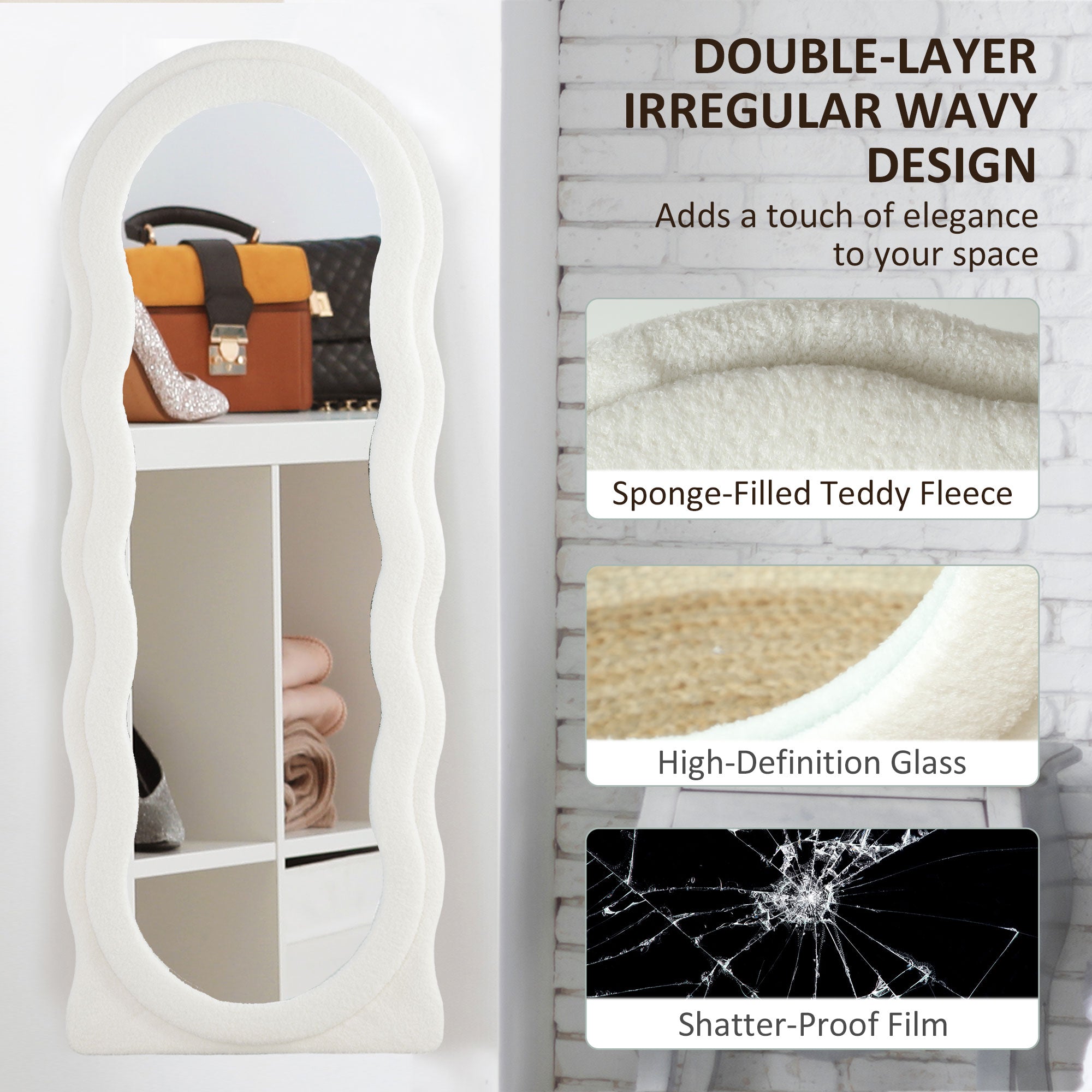 HOMCOM Full Length Mirror, 63" x 24" Irregular Wavy Mirror, Free Standing, Leaning or Wall Mirror Full Length with Frame and Arched Top for Living Room, Bedroom, White