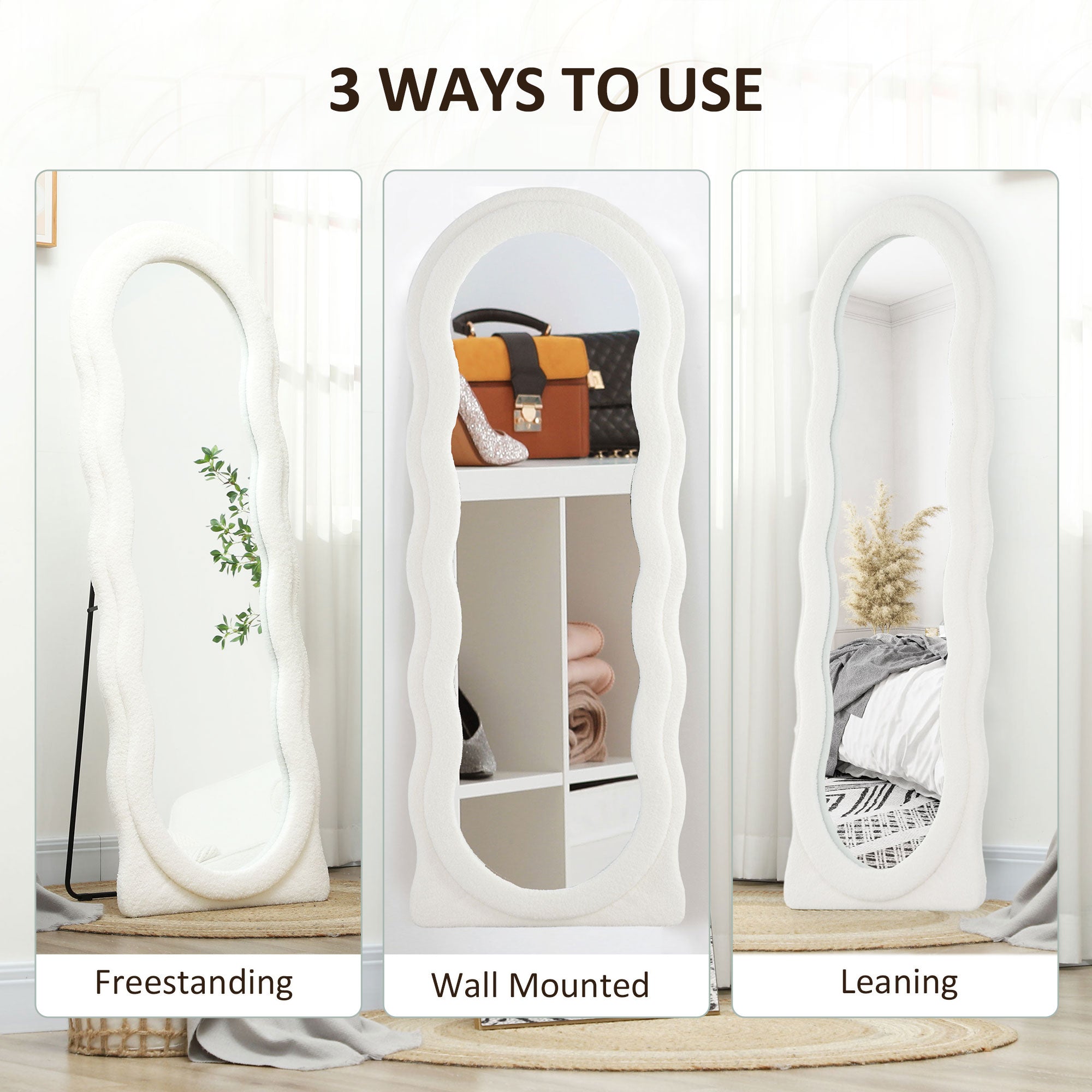 HOMCOM Full Length Mirror, 63" x 24" Irregular Wavy Mirror, Free Standing, Leaning or Wall Mirror Full Length with Frame and Arched Top for Living Room, Bedroom, White