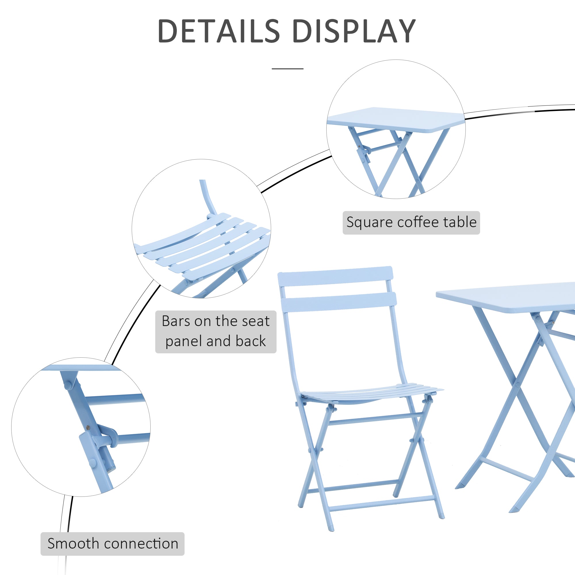 Outsunny 3 Pieces Garden Bistro Coffee Set Foldable Patio Chair & Square Table for Outdoor Yard Porch Poolside Balcony Blue