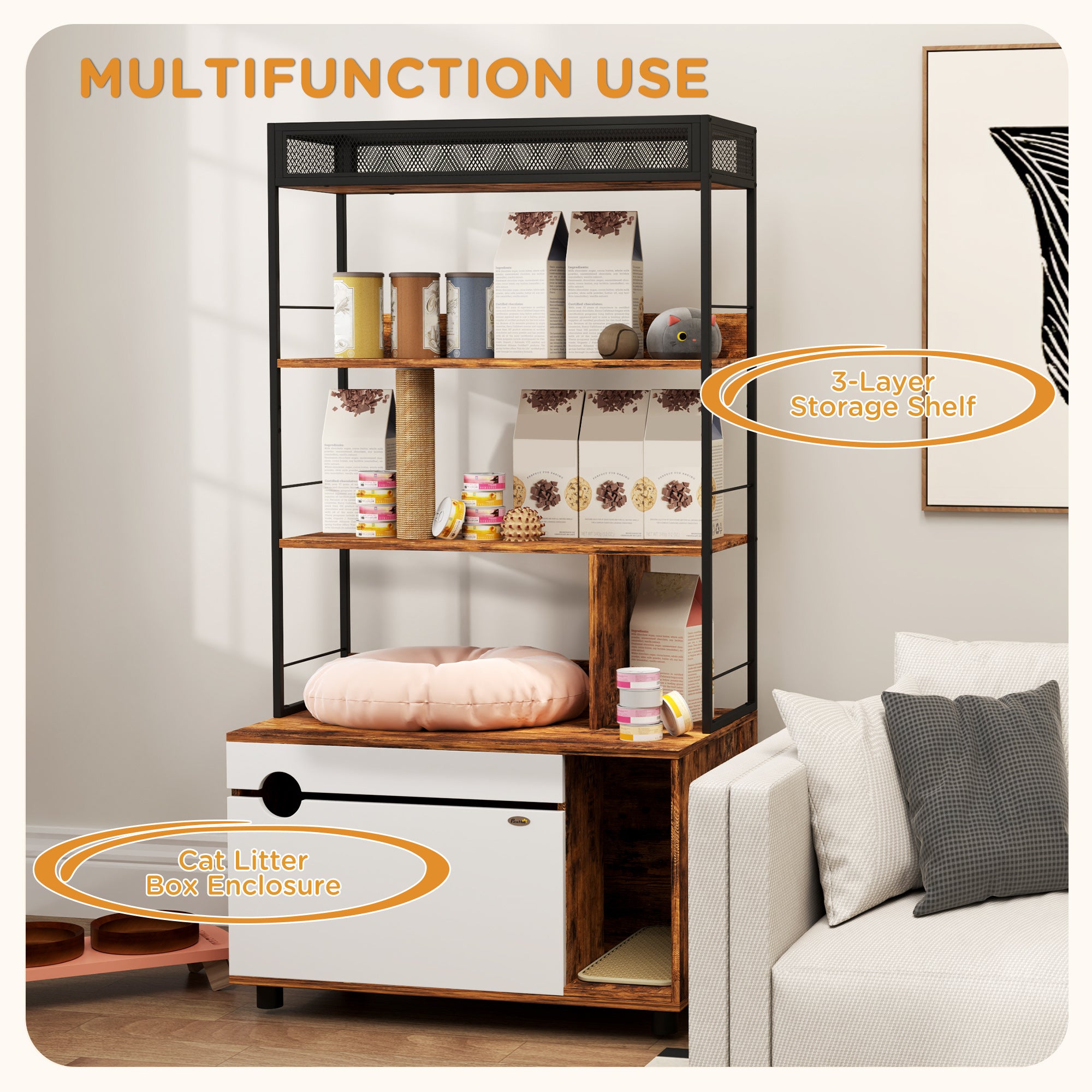 PawHut Cat Litter Box Enclosure, Cat Box Enclosure with 3 Tier Storage Shelf, Scratching Post, Cat Litter Furniture End Side Table, 31.5" x 18.9" x 59.8", Rustic Brown