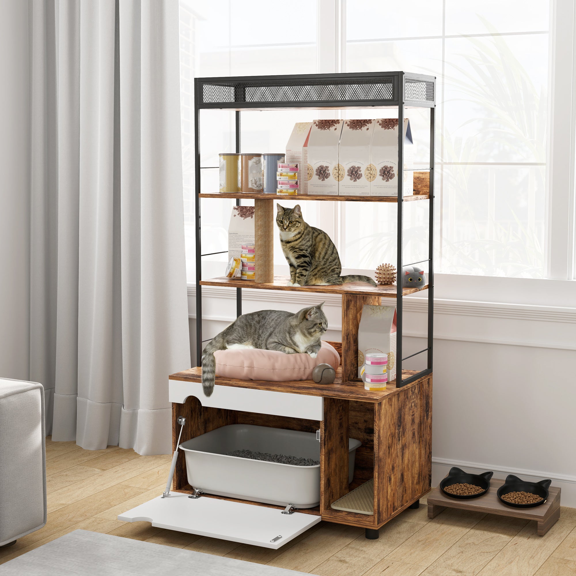 PawHut Cat Litter Box Enclosure, Cat Box Enclosure with 3 Tier Storage Shelf, Scratching Post, Cat Litter Furniture End Side Table, 31.5" x 18.9" x 59.8", Rustic Brown