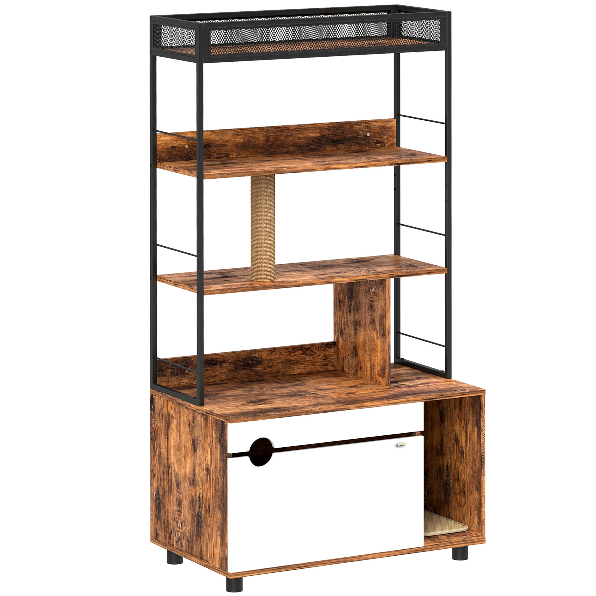 PawHut Cat Litter Box Enclosure, Cat Box Enclosure with 3 Tier Storage Shelf, Scratching Post, Cat Litter Furniture End Side Table, 31.5" x 18.9" x 59.8", Rustic Brown