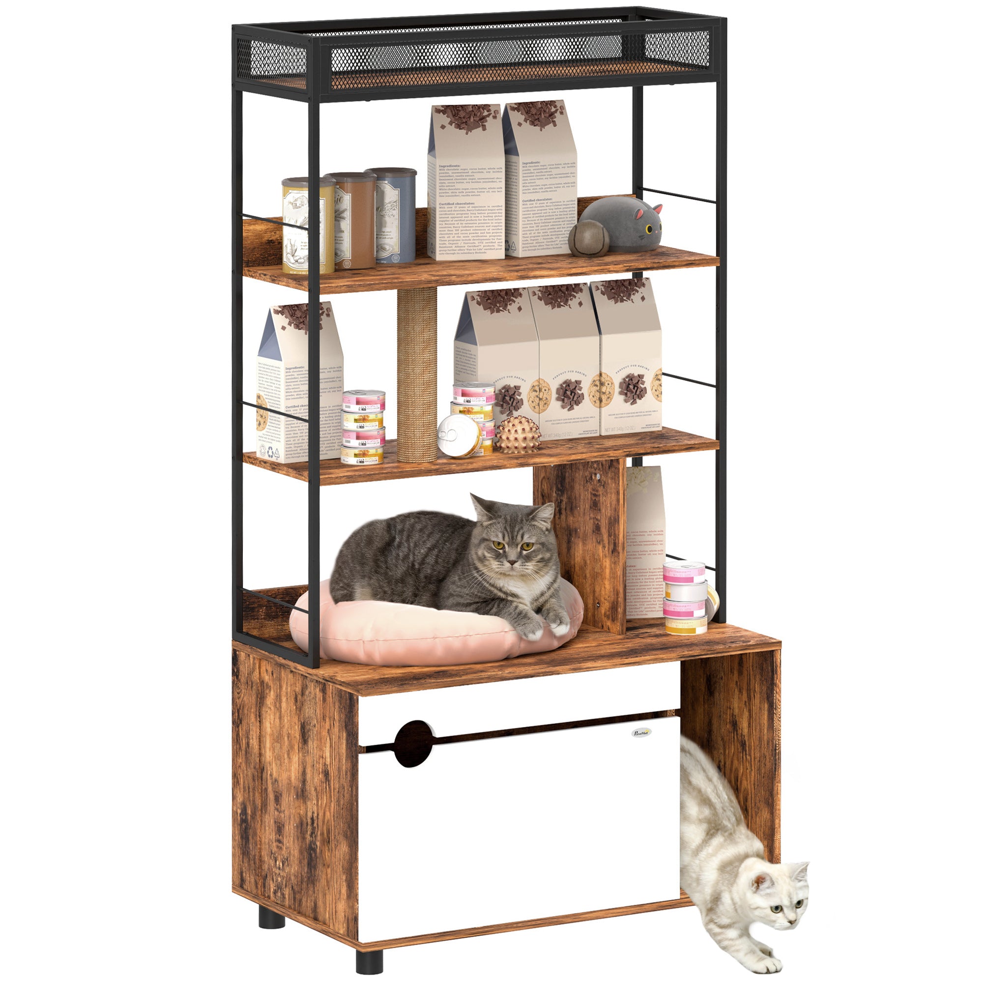 PawHut Cat Litter Box Enclosure, Cat Box Enclosure with 3 Tier Storage Shelf, Scratching Post, Cat Litter Furniture End Side Table, 31.5" x 18.9" x 59.8", Rustic Brown