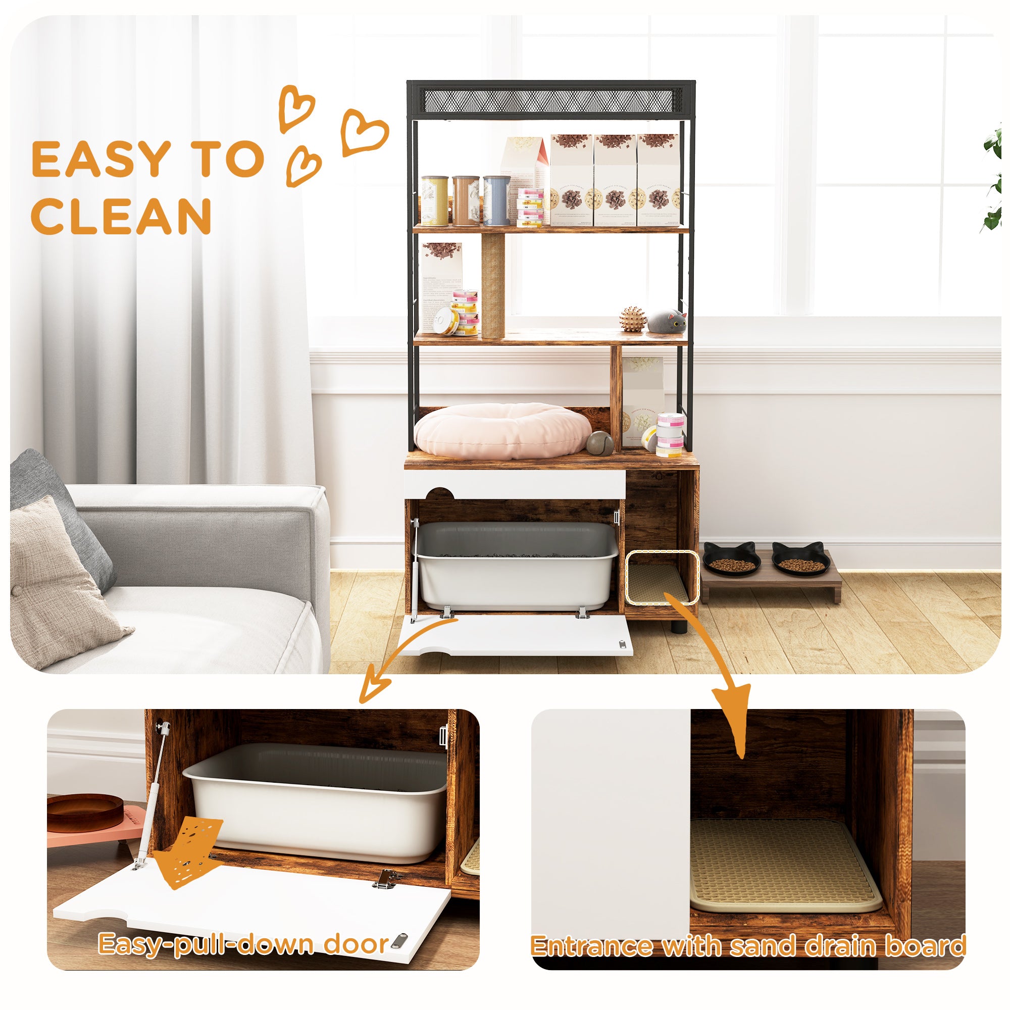 PawHut Cat Litter Box Enclosure, Cat Box Enclosure with 3 Tier Storage Shelf, Scratching Post, Cat Litter Furniture End Side Table, 31.5" x 18.9" x 59.8", Rustic Brown
