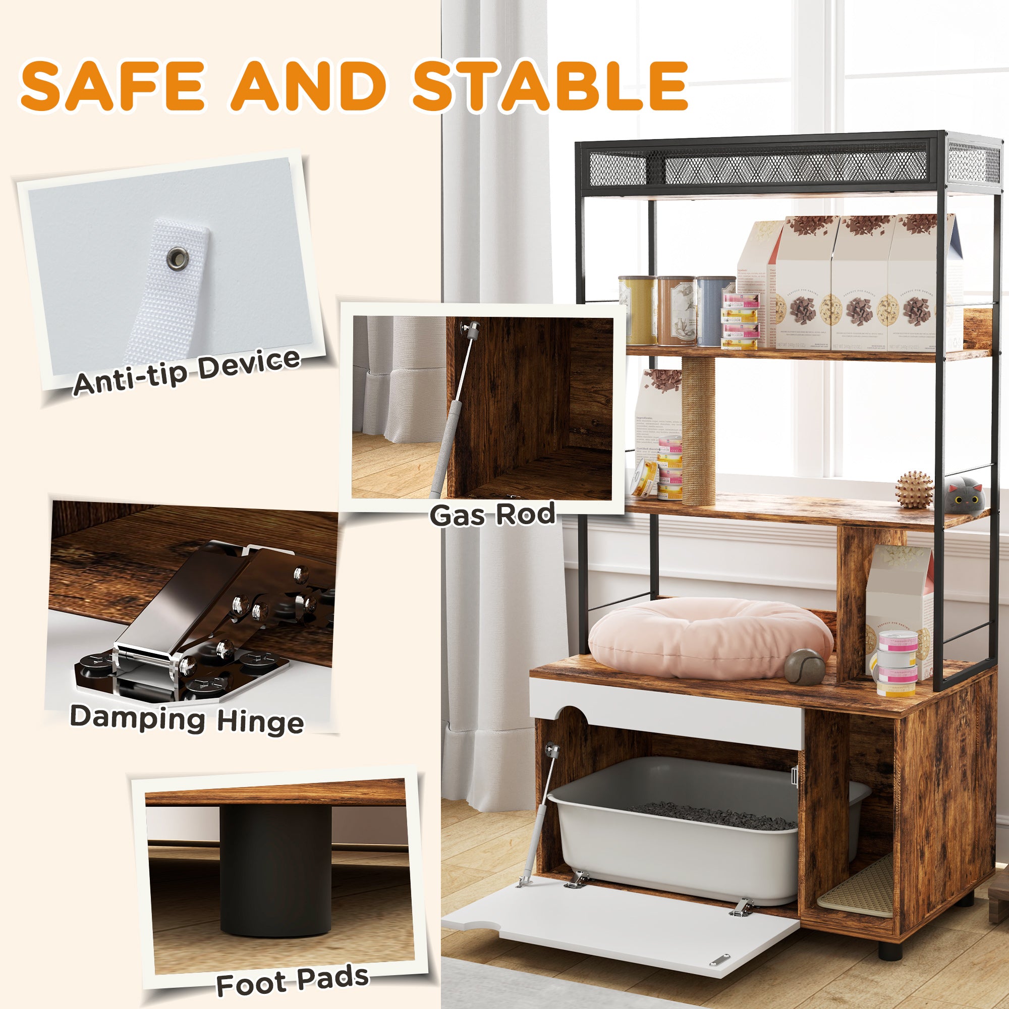 PawHut Cat Litter Box Enclosure, Cat Box Enclosure with 3 Tier Storage Shelf, Scratching Post, Cat Litter Furniture End Side Table, 31.5" x 18.9" x 59.8", Rustic Brown