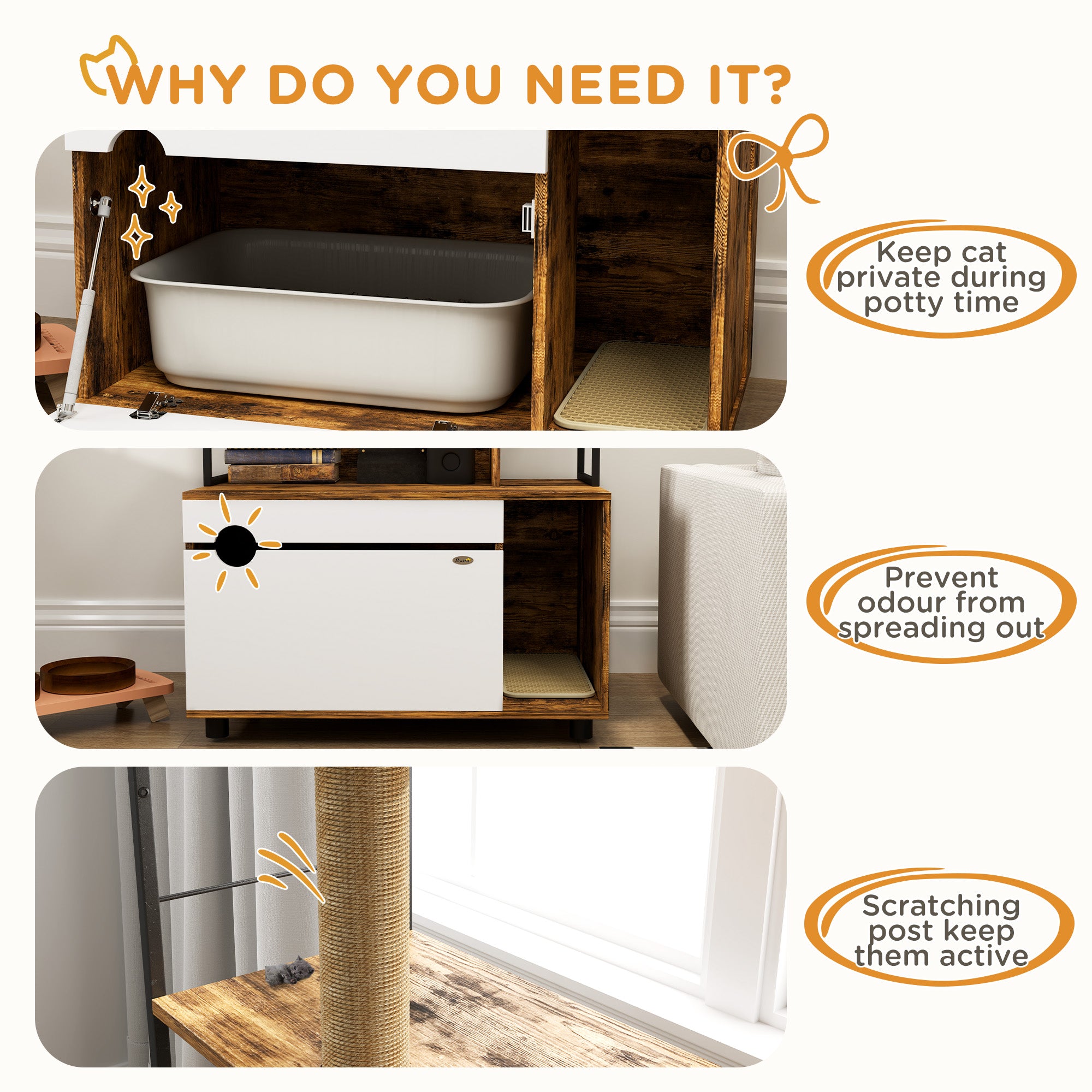 PawHut Cat Litter Box Enclosure, Cat Box Enclosure with 3 Tier Storage Shelf, Scratching Post, Cat Litter Furniture End Side Table, 31.5" x 18.9" x 59.8", Rustic Brown