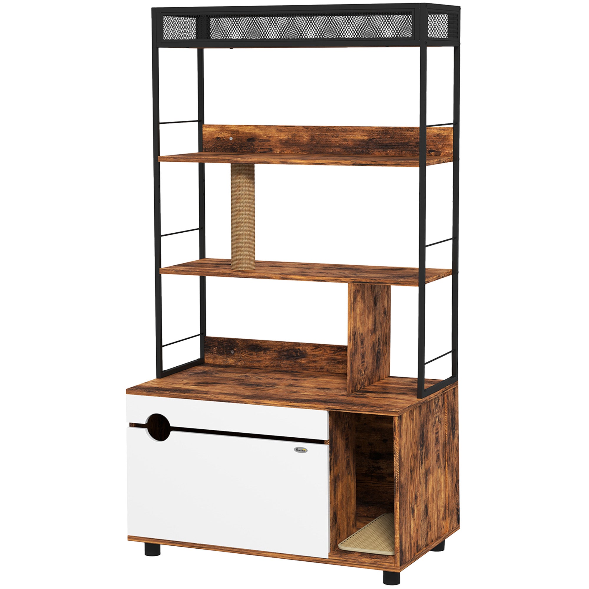 PawHut Cat Litter Box Enclosure, Cat Box Enclosure with 3 Tier Storage Shelf, Scratching Post, Cat Litter Furniture End Side Table, 31.5" x 18.9" x 59.8", Rustic Brown