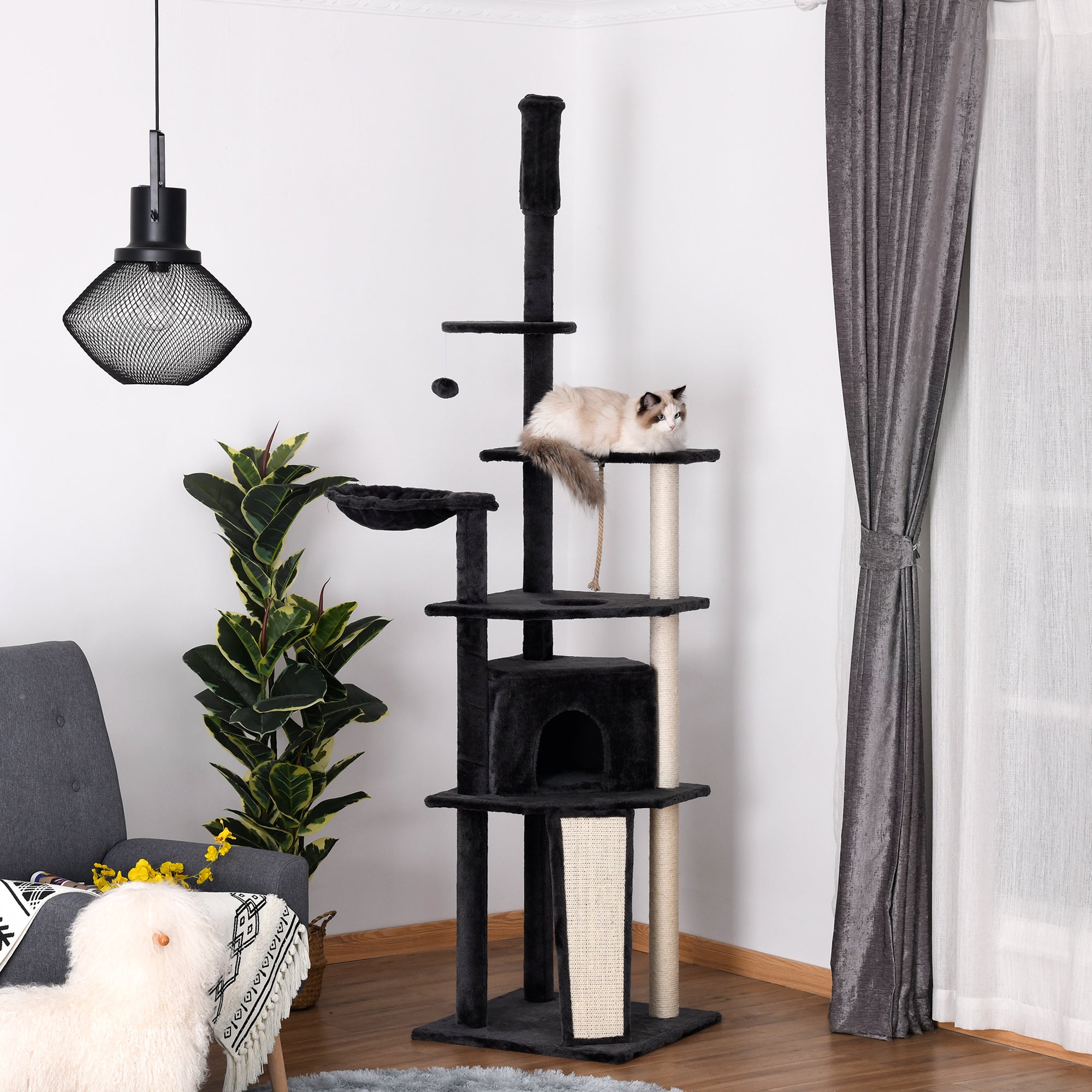 PawHut Huge Cat Tree Floor to Ceiling Adjustable 82.75"-94.5" Activity Center High Kitten Multi-Level Condo with Scratching Post Pad Hammock Hanging Ball Jute Dark Grey