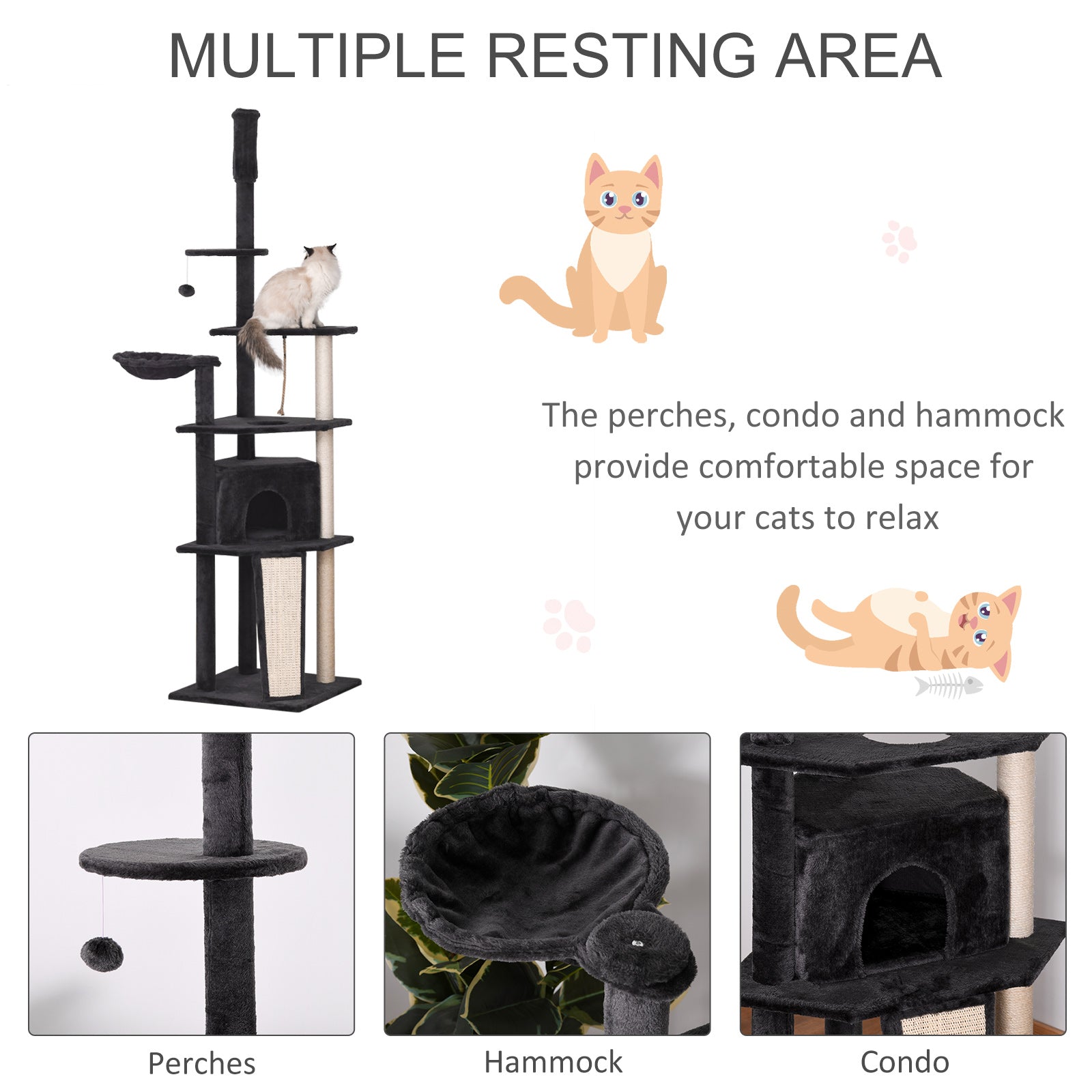 PawHut Huge Cat Tree Floor to Ceiling Adjustable 82.75"-94.5" Activity Center High Kitten Multi-Level Condo with Scratching Post Pad Hammock Hanging Ball Jute Dark Grey