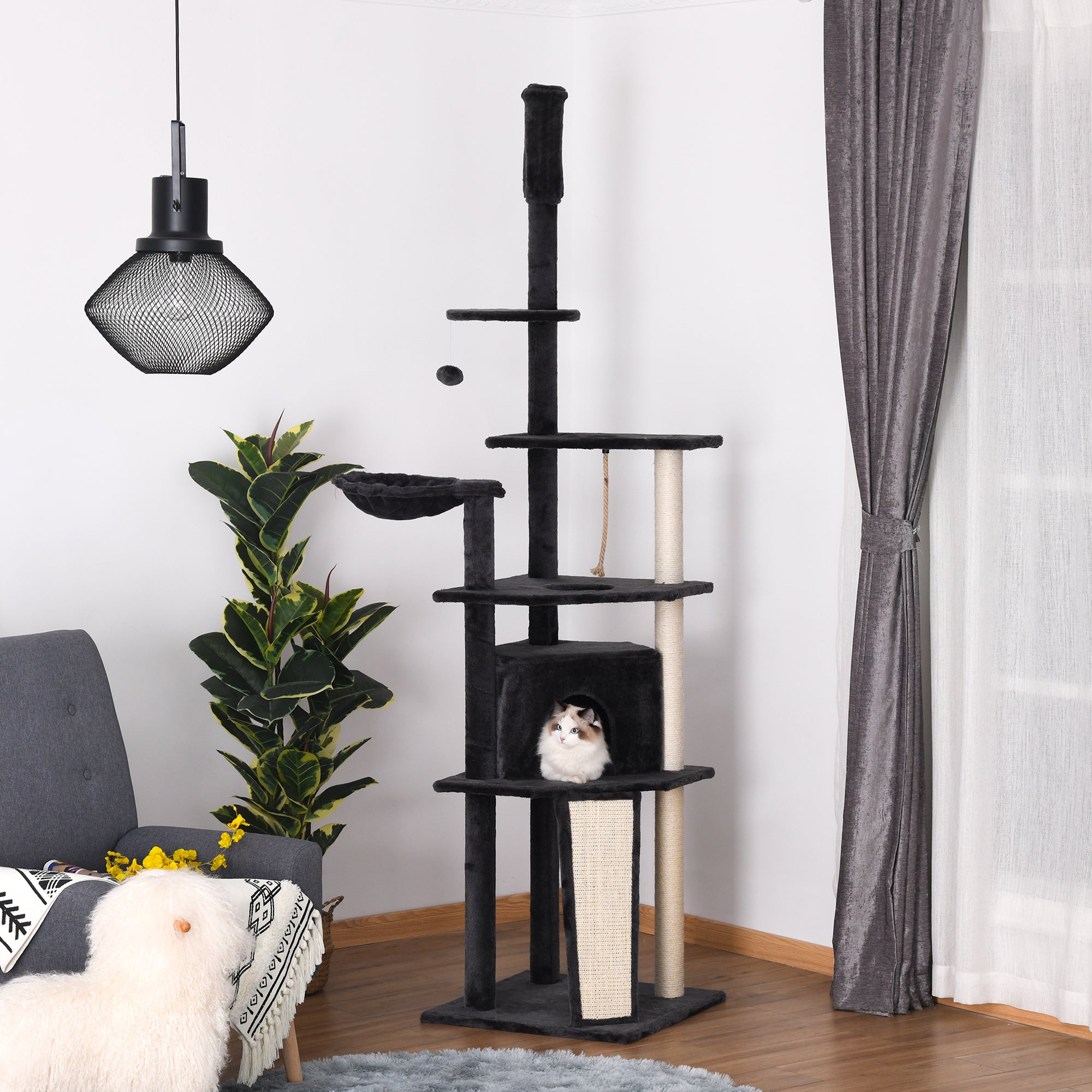 PawHut Huge Cat Tree Floor to Ceiling Adjustable 82.75"-94.5" Activity Center High Kitten Multi-Level Condo with Scratching Post Pad Hammock Hanging Ball Jute Dark Grey