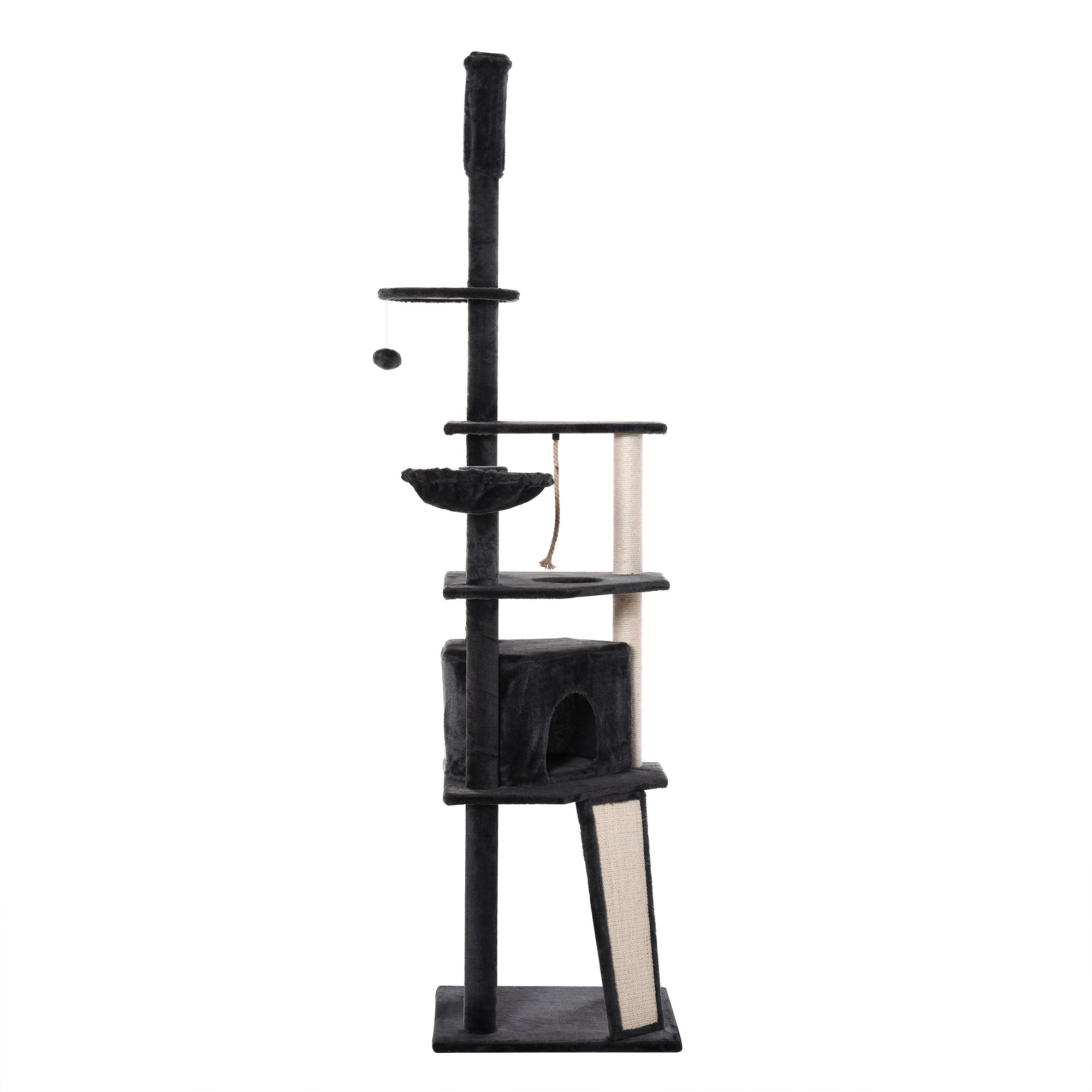 PawHut Huge Cat Tree Floor to Ceiling Adjustable 82.75"-94.5" Activity Center High Kitten Multi-Level Condo with Scratching Post Pad Hammock Hanging Ball Jute Dark Grey