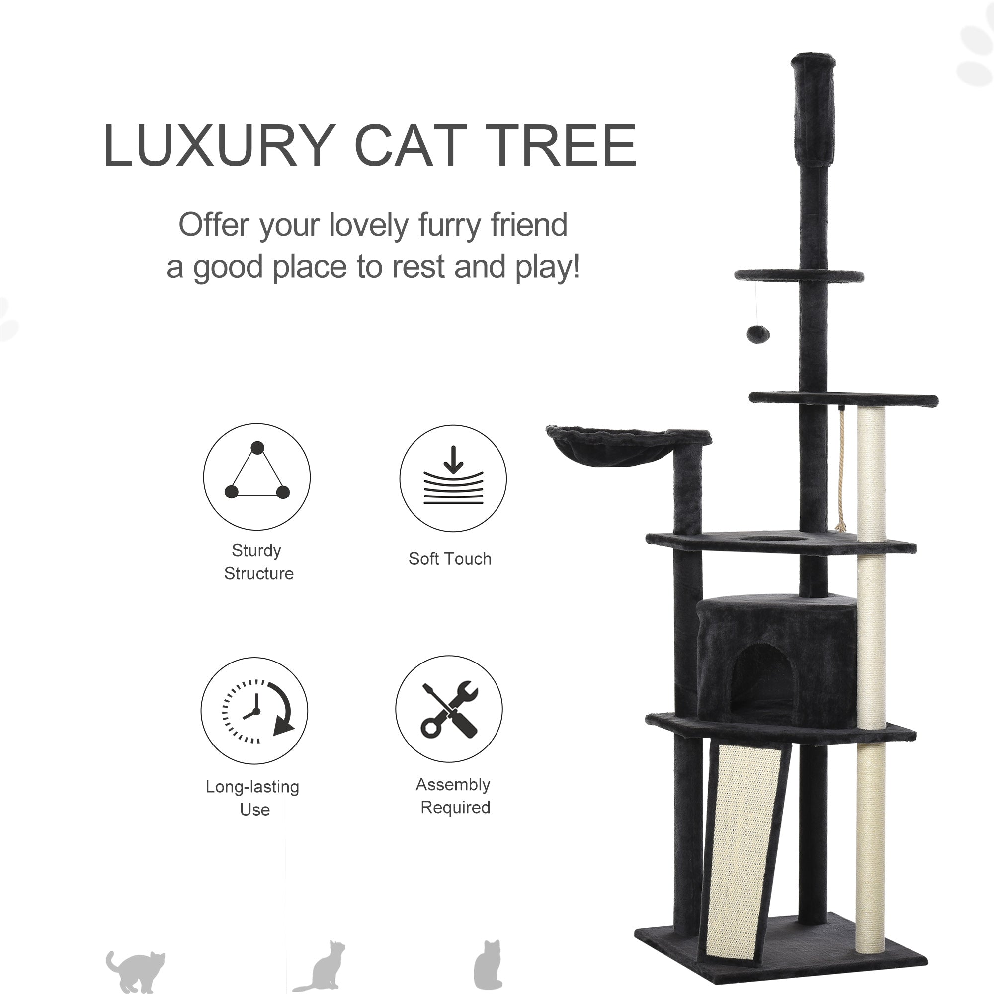 PawHut Huge Cat Tree Floor to Ceiling Adjustable 82.75"-94.5" Activity Center High Kitten Multi-Level Condo with Scratching Post Pad Hammock Hanging Ball Jute Dark Grey