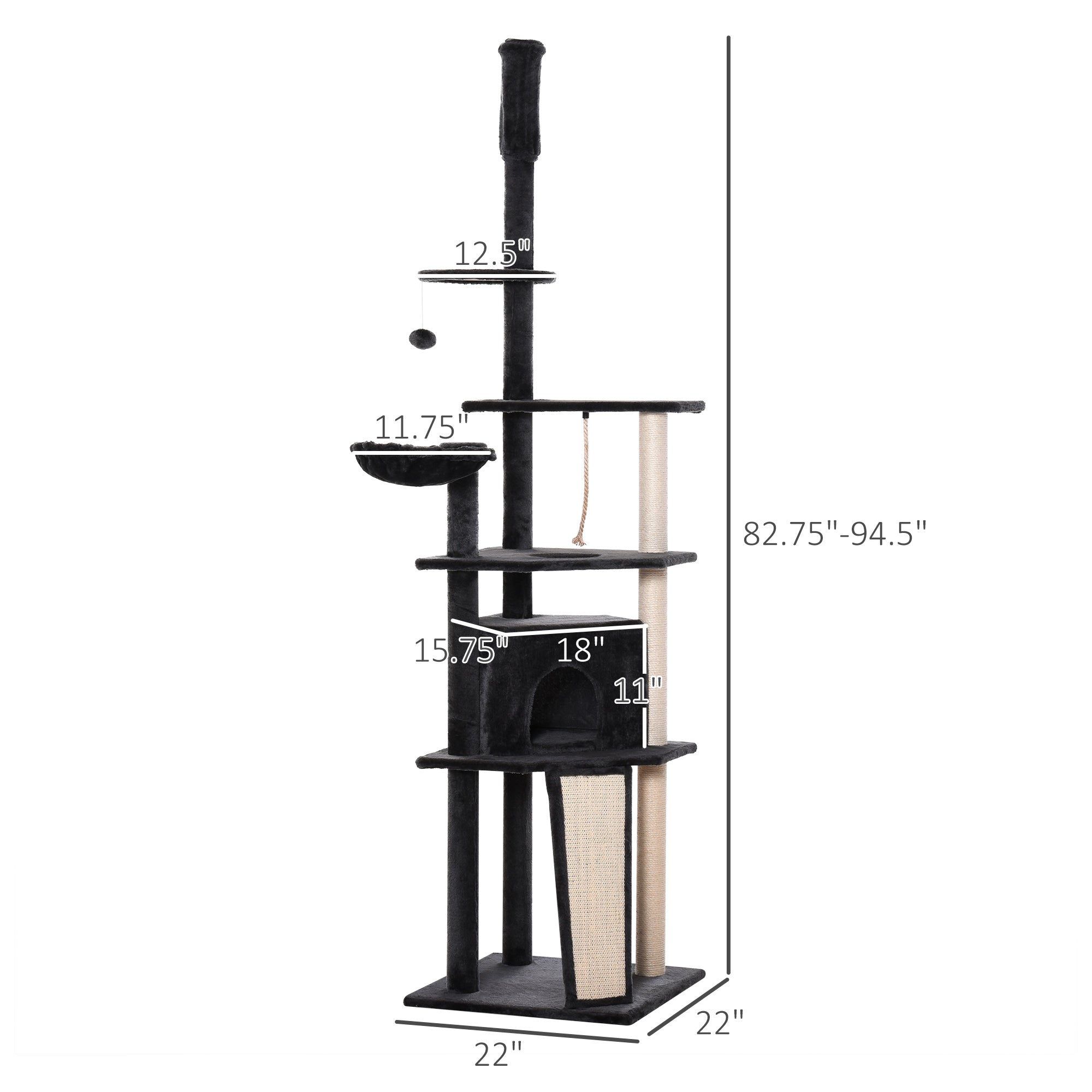 PawHut Huge Cat Tree Floor to Ceiling Adjustable 82.75"-94.5" Activity Center High Kitten Multi-Level Condo with Scratching Post Pad Hammock Hanging Ball Jute Dark Grey