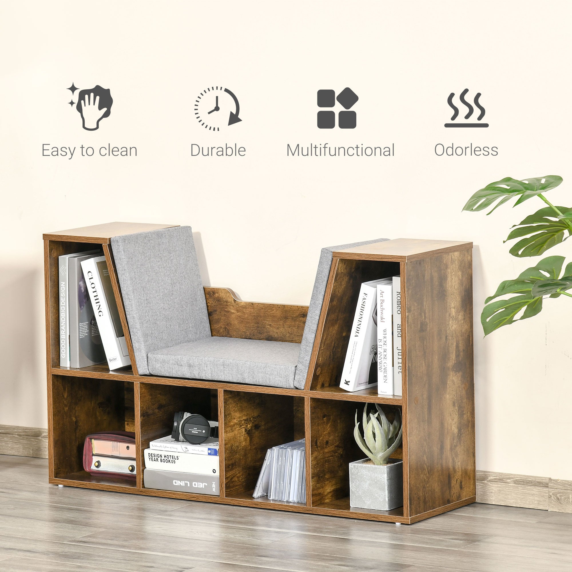 HOMCOM 6-Cubby Bookcase with Seat Cushion, Cube Storage Shelf Bookshelf with Reading Nook for Home Office, Study, Rustic Brown