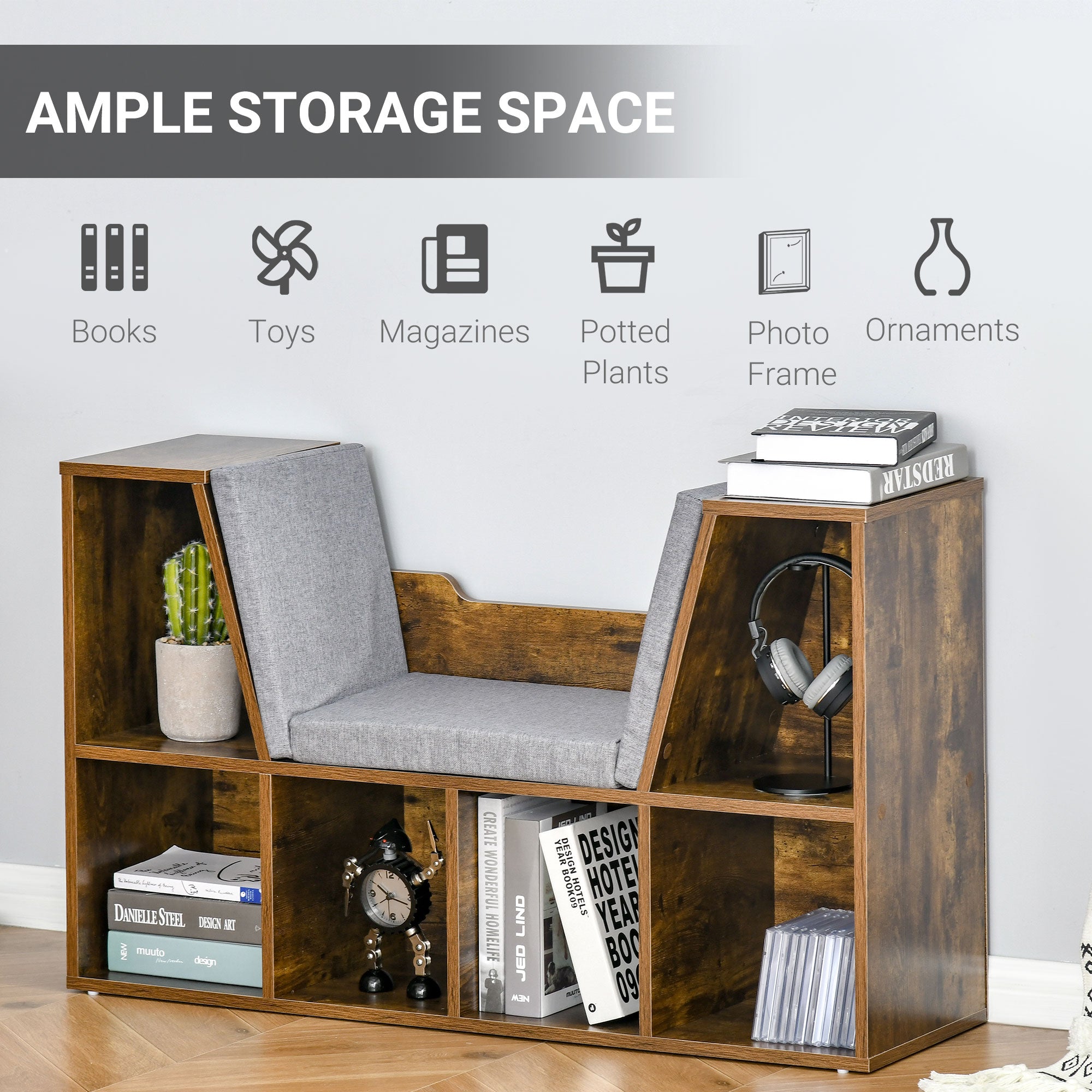 HOMCOM 6-Cubby Bookcase with Seat Cushion, Cube Storage Shelf Bookshelf with Reading Nook for Home Office, Study, Rustic Brown