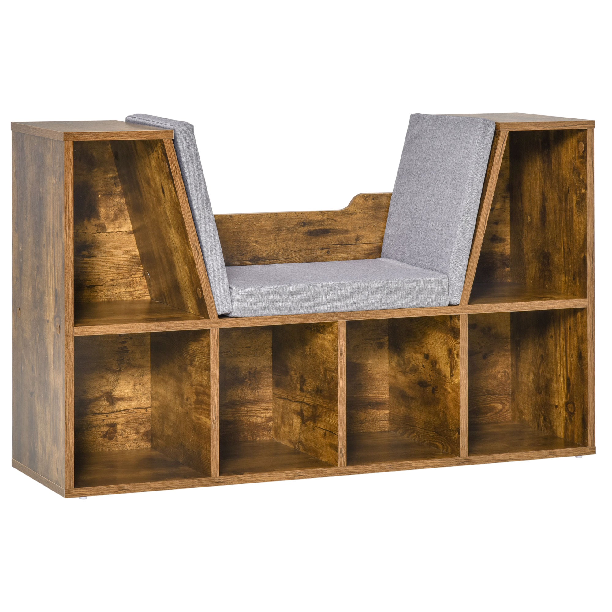 HOMCOM 6-Cubby Bookcase with Seat Cushion, Cube Storage Shelf Bookshelf with Reading Nook for Home Office, Study, Rustic Brown