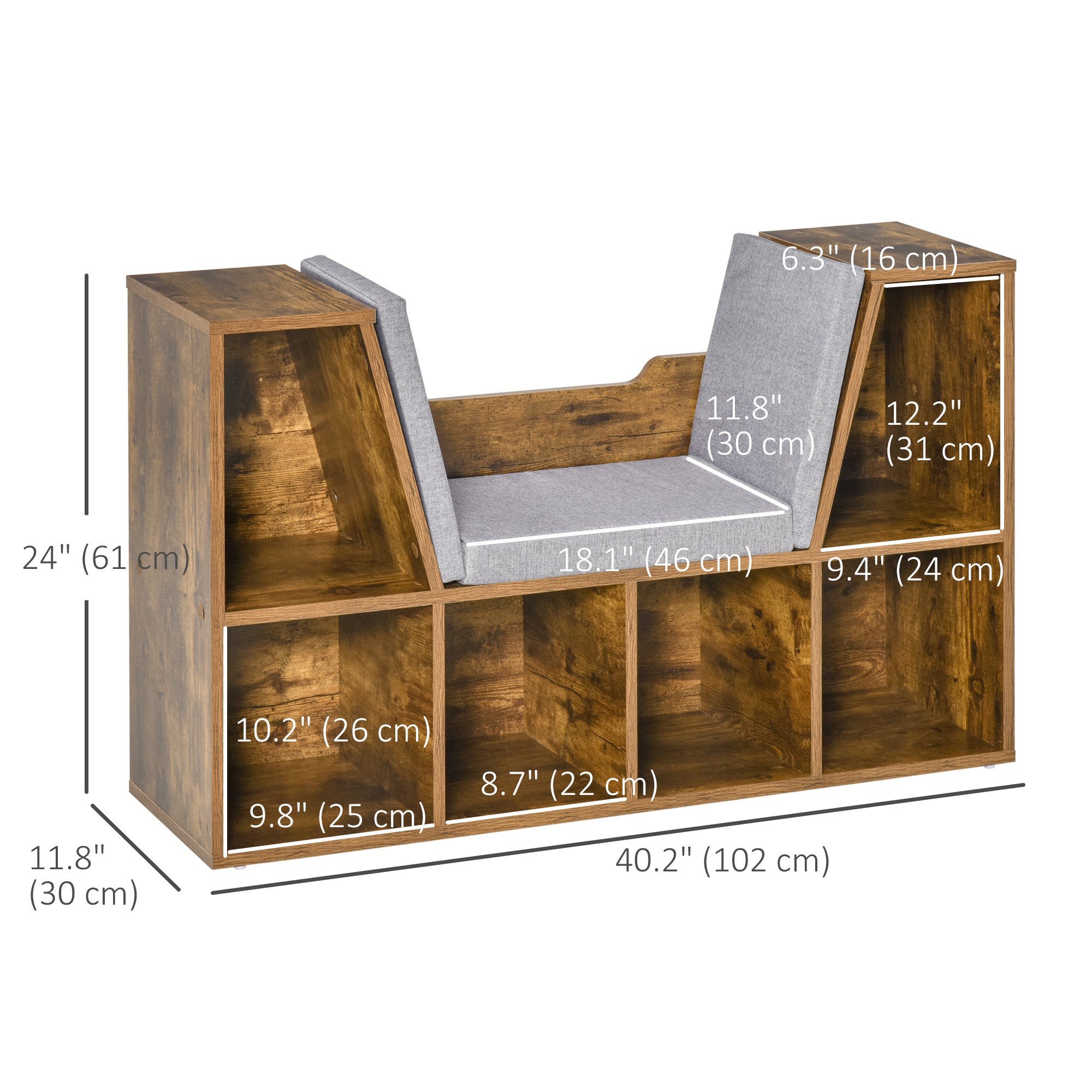 HOMCOM 6-Cubby Bookcase with Seat Cushion, Cube Storage Shelf Bookshelf with Reading Nook for Home Office, Study, Rustic Brown