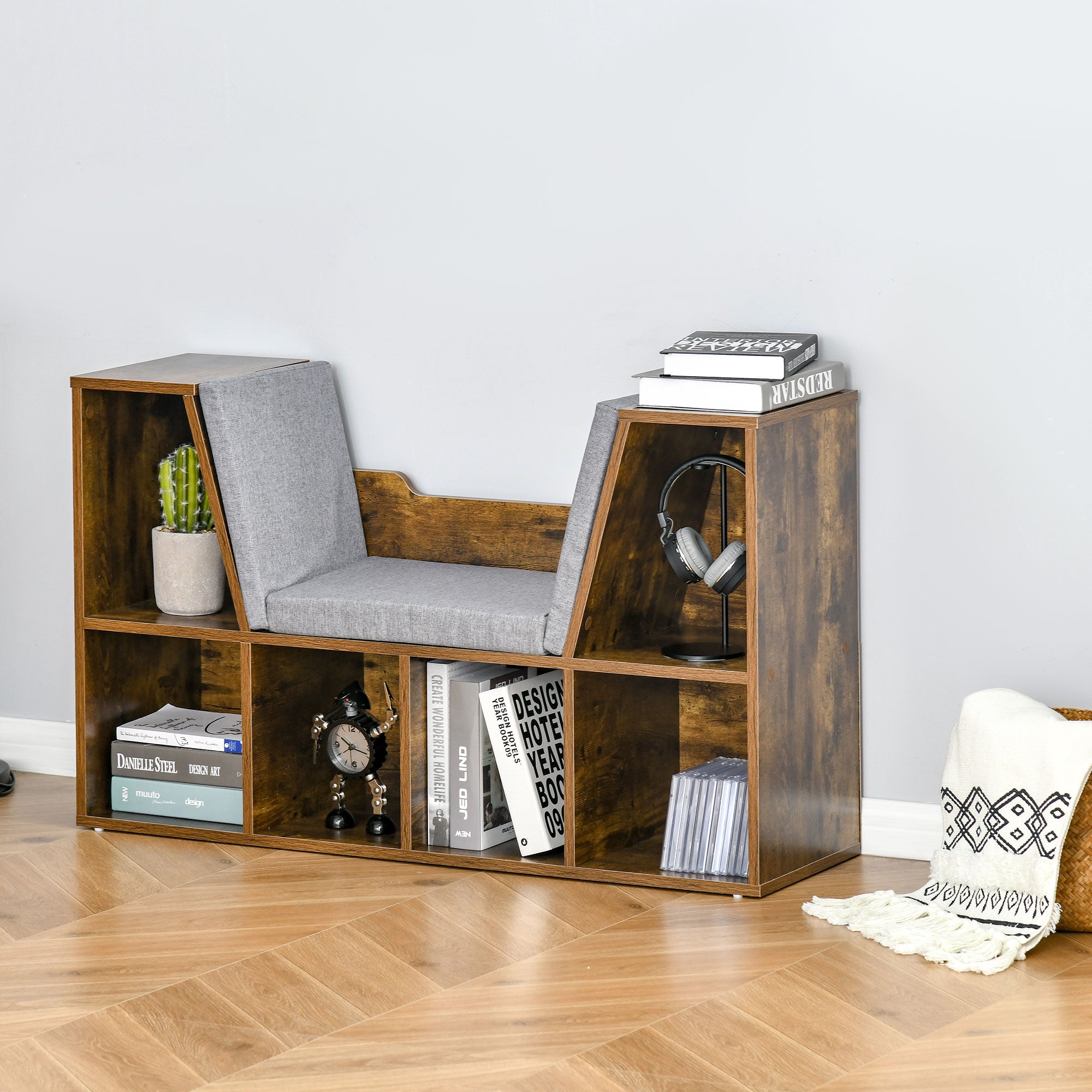 HOMCOM 6-Cubby Bookcase with Seat Cushion, Cube Storage Shelf Bookshelf with Reading Nook for Home Office, Study, Rustic Brown