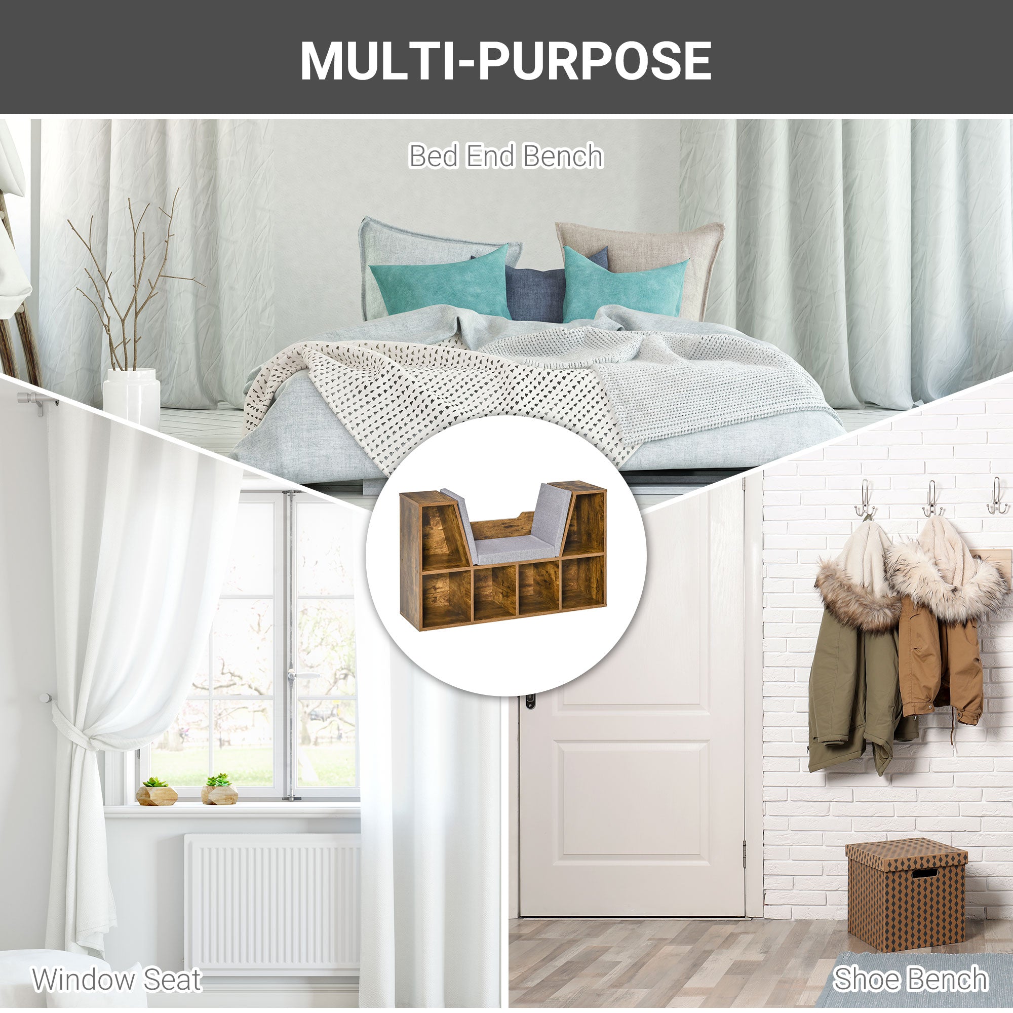 HOMCOM 6-Cubby Bookcase with Seat Cushion, Cube Storage Shelf Bookshelf with Reading Nook for Home Office, Study, Rustic Brown