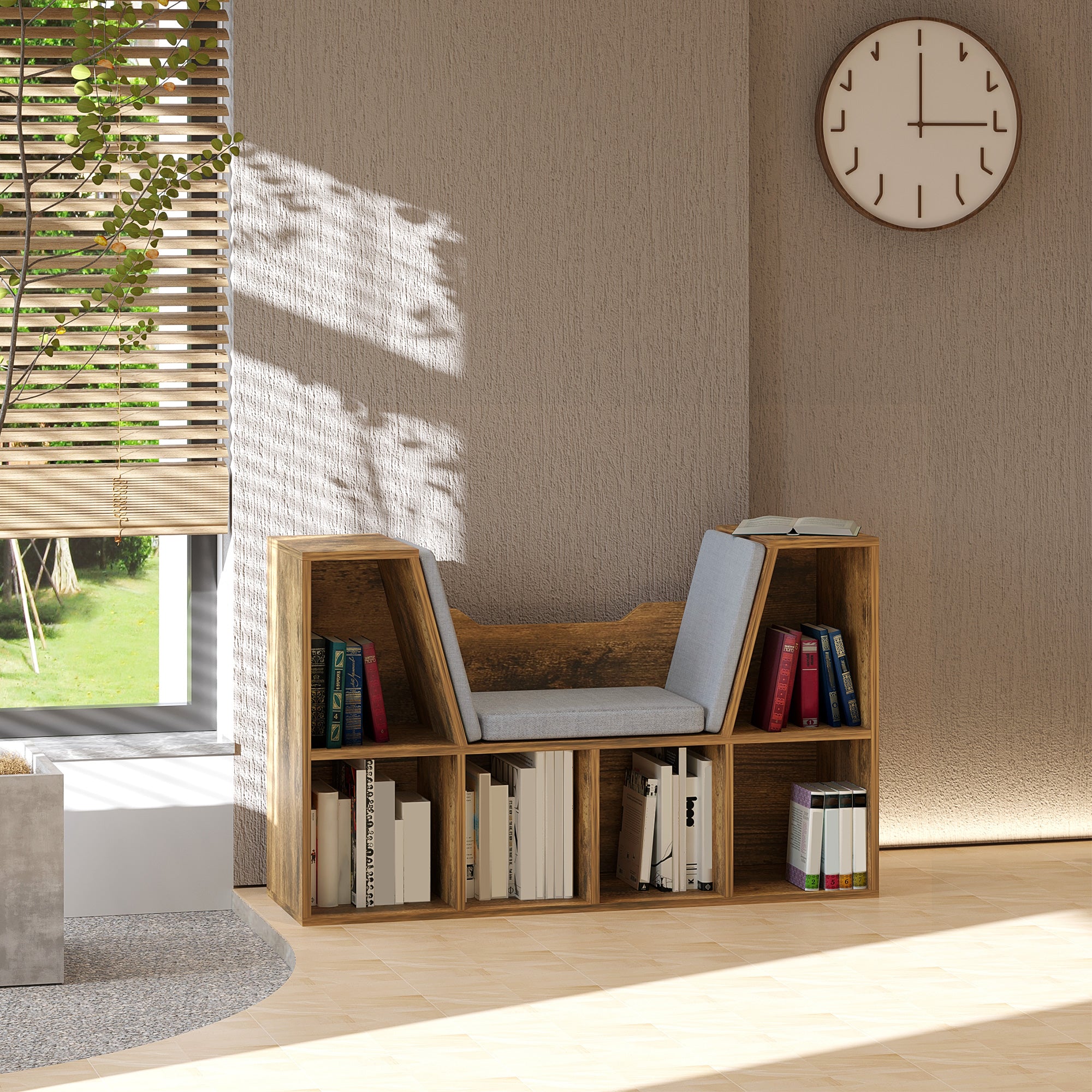 HOMCOM 6-Cubby Bookcase with Seat Cushion, Cube Storage Shelf Bookshelf with Reading Nook for Home Office, Study, Rustic Brown