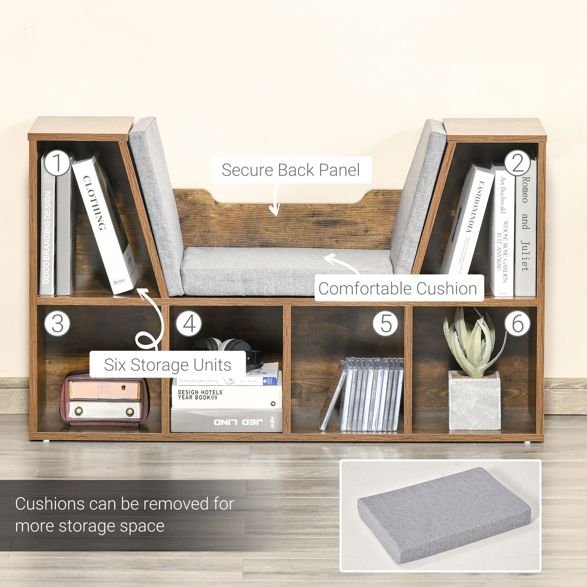 HOMCOM 6-Cubby Bookcase with Seat Cushion, Cube Storage Shelf Bookshelf with Reading Nook for Home Office, Study, Rustic Brown