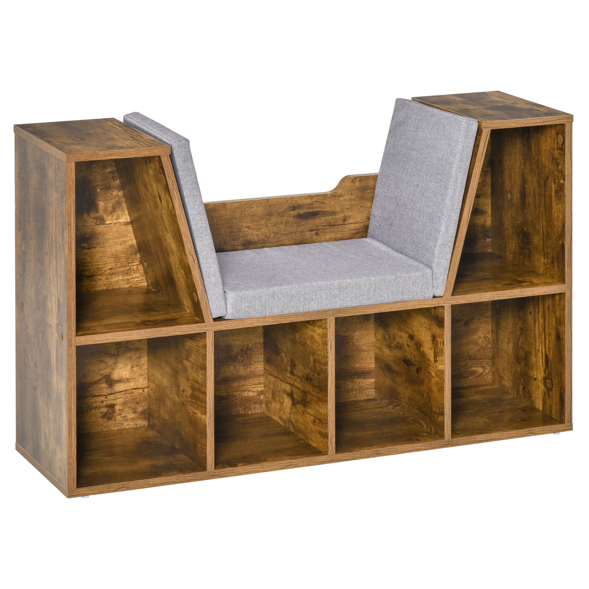 HOMCOM 6-Cubby Bookcase with Seat Cushion, Cube Storage Shelf Bookshelf with Reading Nook for Home Office, Study, Rustic Brown