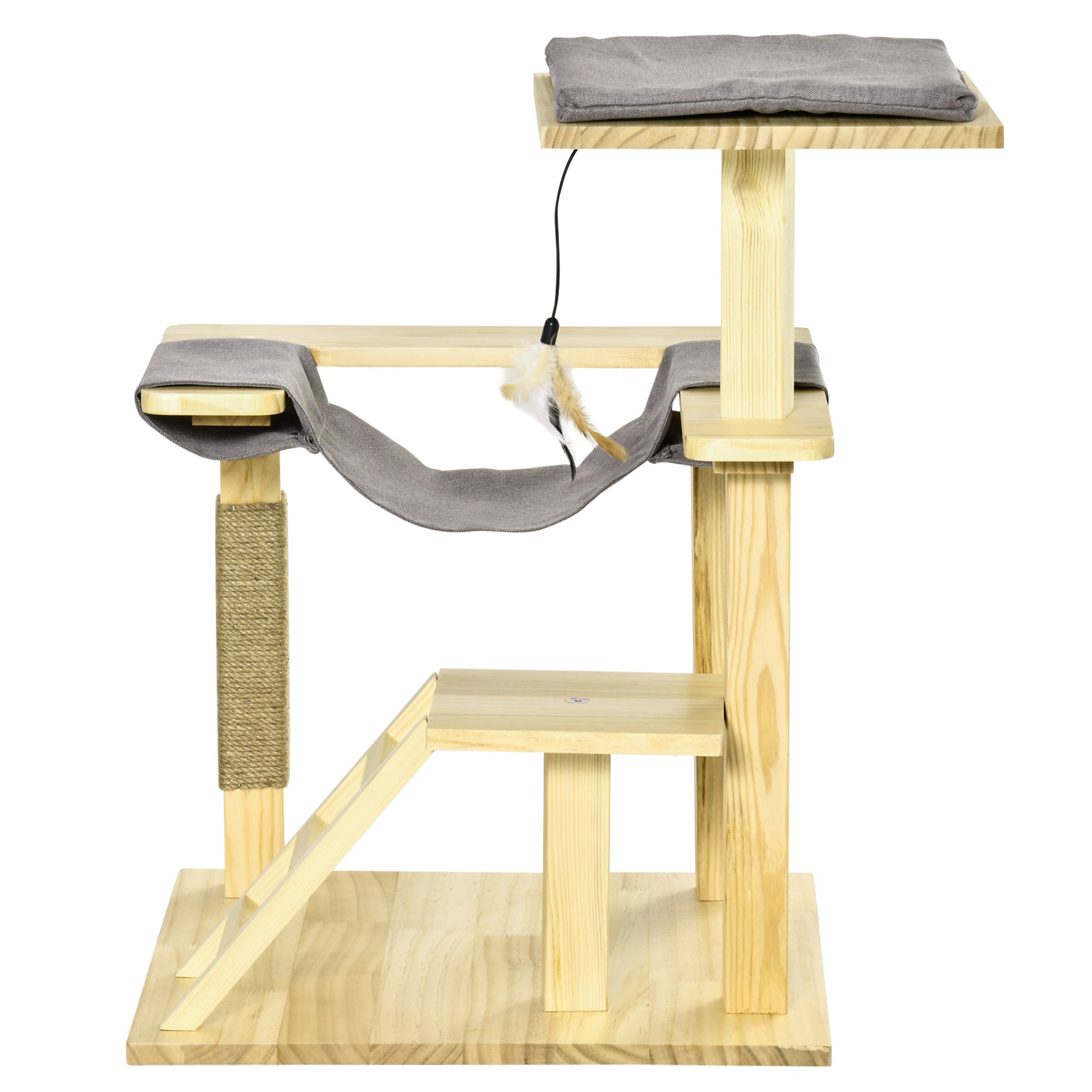 PawHut 25.5" Cat Tree Kitty Tower Activity Center Pinewood Cat Climbing Toy Indoor Outdoor Pet Furniture with Jute Scratching Post Bed Perch Hanging Toy Ladder Cushion Natural