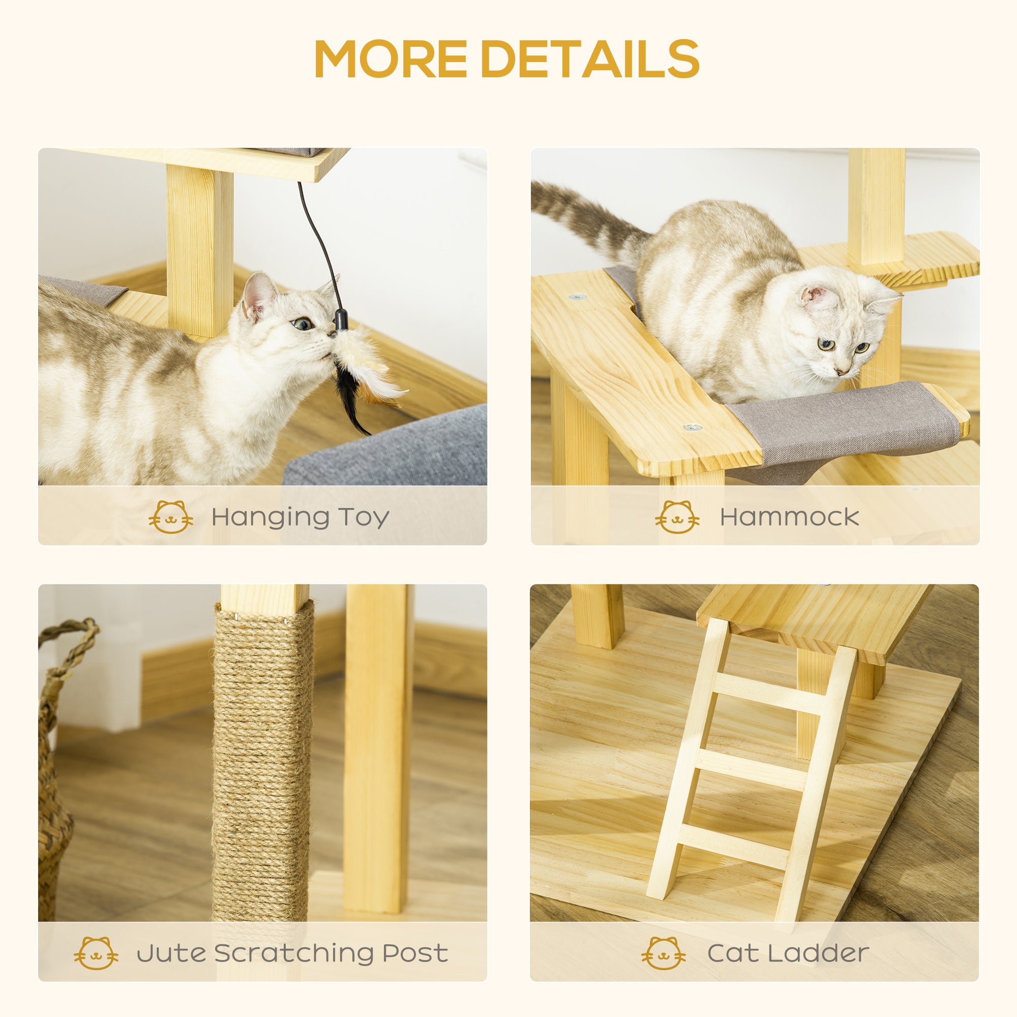 PawHut 25.5" Cat Tree Kitty Tower Activity Center Pinewood Cat Climbing Toy Indoor Outdoor Pet Furniture with Jute Scratching Post Bed Perch Hanging Toy Ladder Cushion Natural