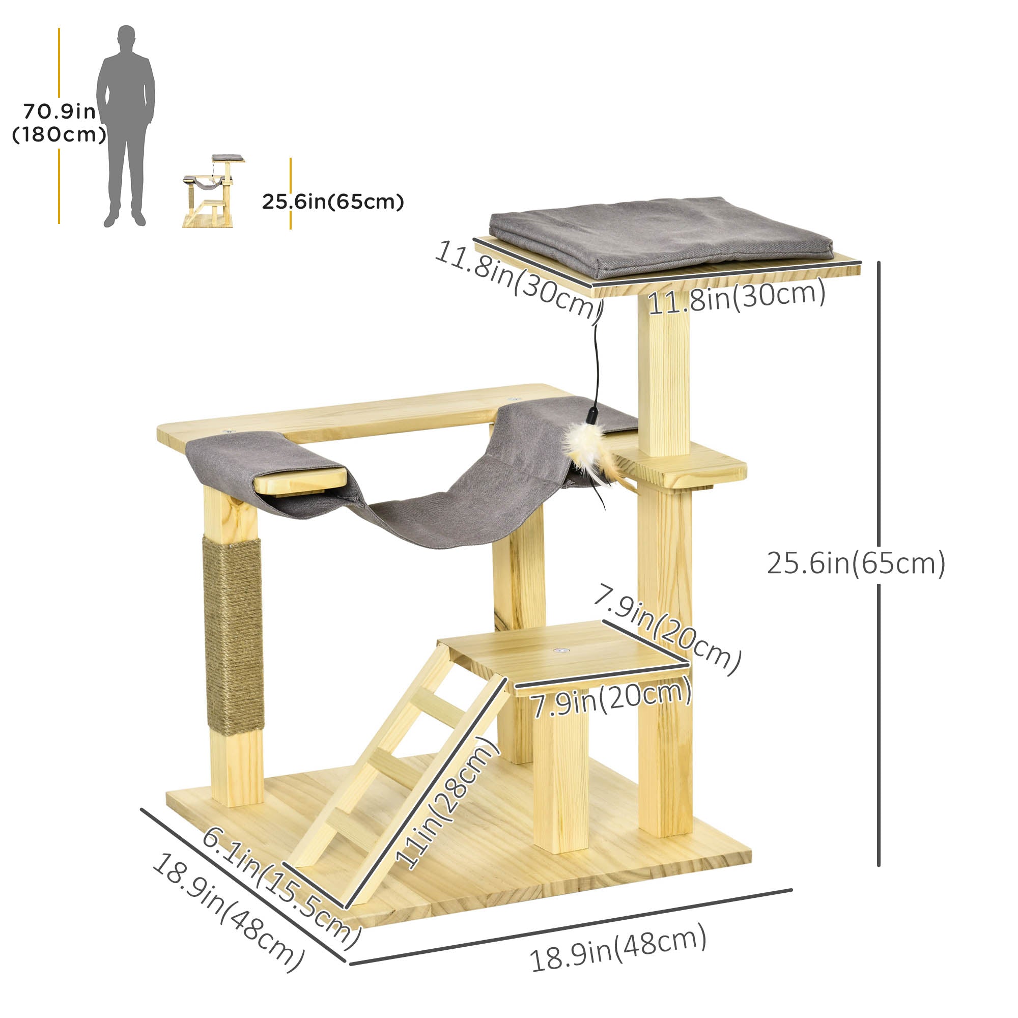 PawHut 25.5" Cat Tree Kitty Tower Activity Center Pinewood Cat Climbing Toy Indoor Outdoor Pet Furniture with Jute Scratching Post Bed Perch Hanging Toy Ladder Cushion Natural