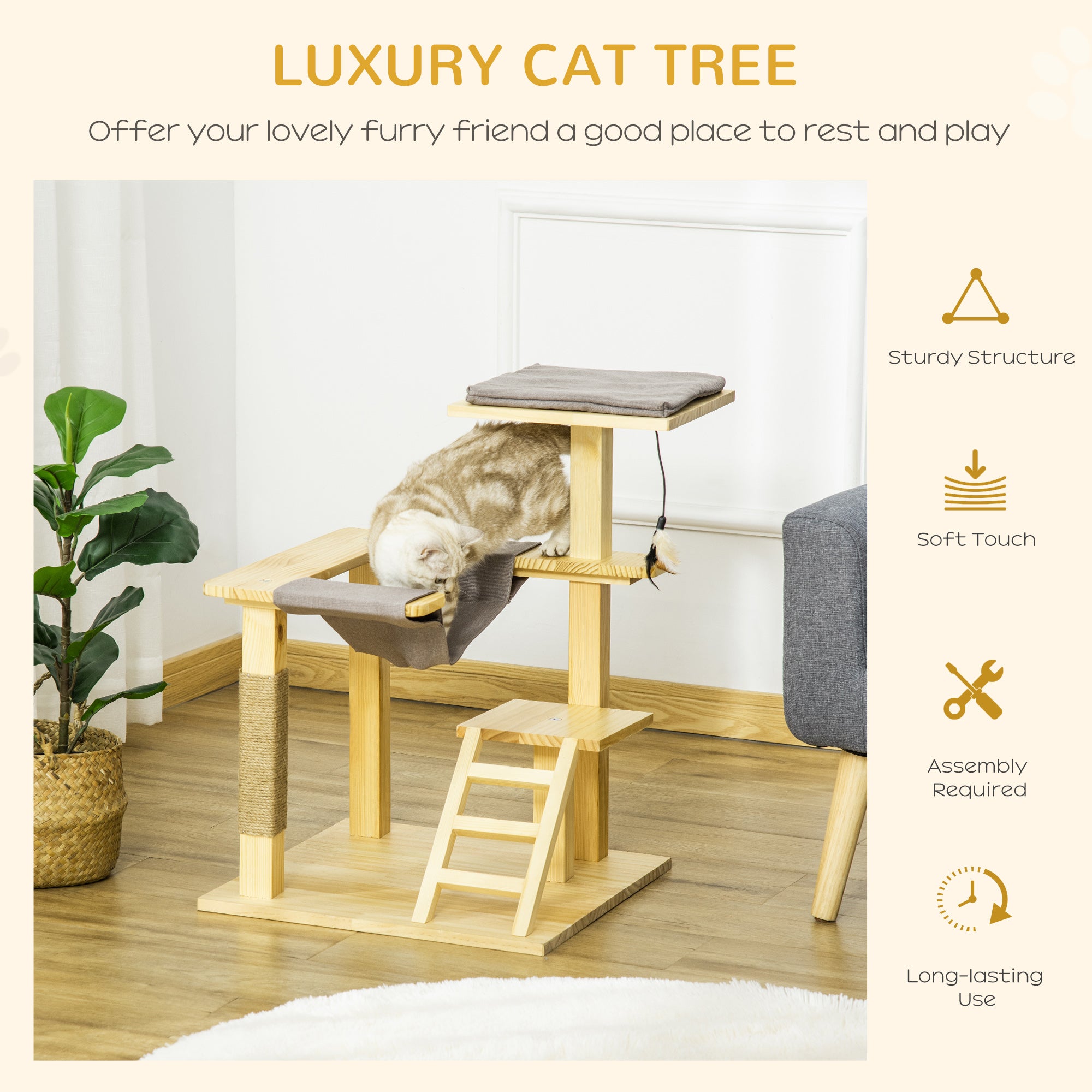 PawHut 25.5" Cat Tree Kitty Tower Activity Center Pinewood Cat Climbing Toy Indoor Outdoor Pet Furniture with Jute Scratching Post Bed Perch Hanging Toy Ladder Cushion Natural