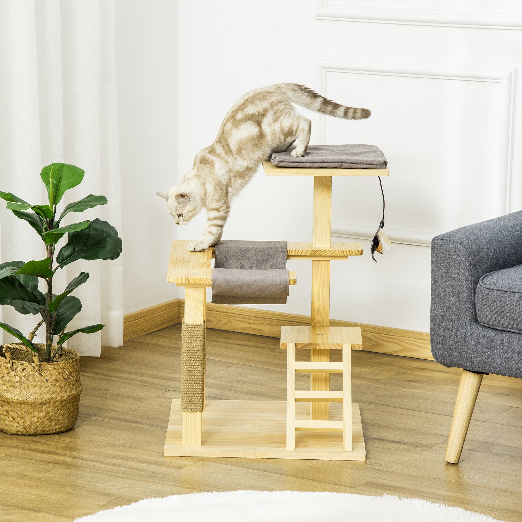 PawHut 25.5" Cat Tree Kitty Tower Activity Center Pinewood Cat Climbing Toy Indoor Outdoor Pet Furniture with Jute Scratching Post Bed Perch Hanging Toy Ladder Cushion Natural