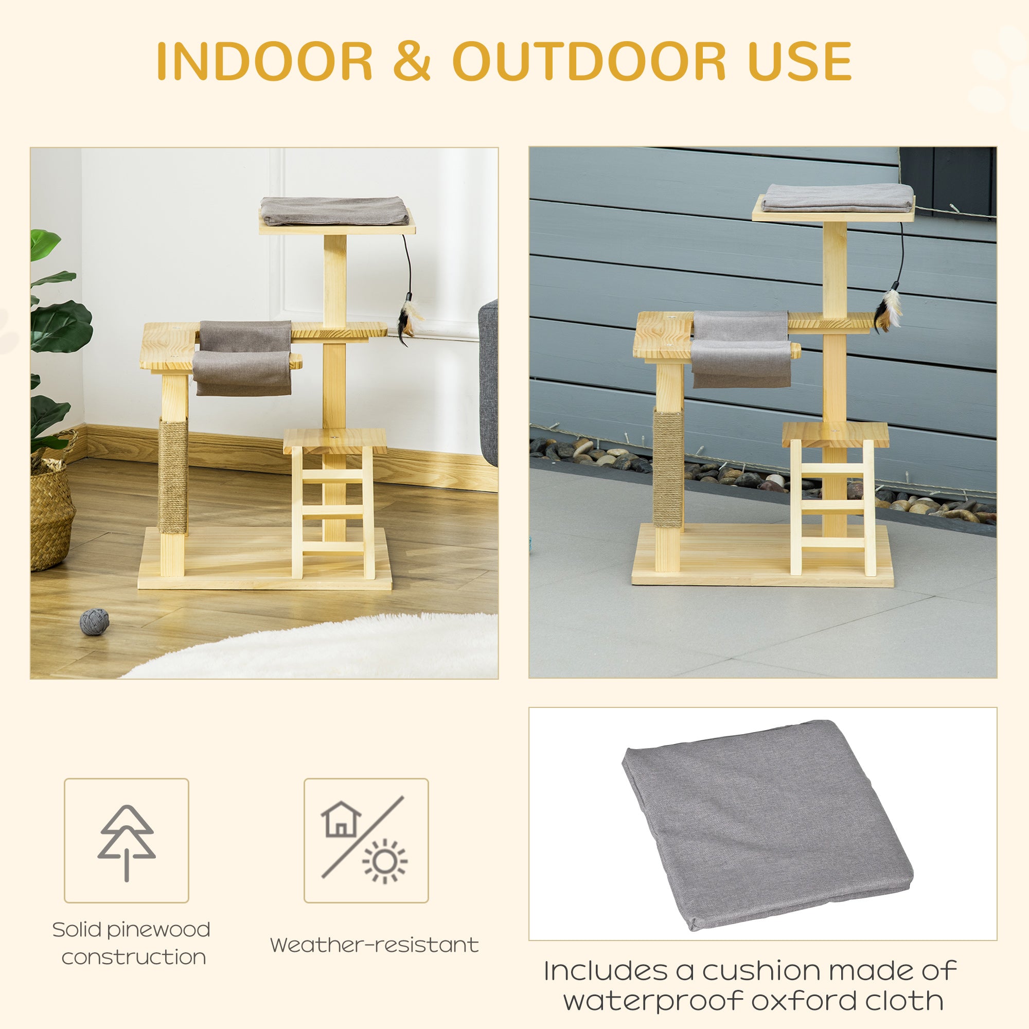 PawHut 25.5" Cat Tree Kitty Tower Activity Center Pinewood Cat Climbing Toy Indoor Outdoor Pet Furniture with Jute Scratching Post Bed Perch Hanging Toy Ladder Cushion Natural
